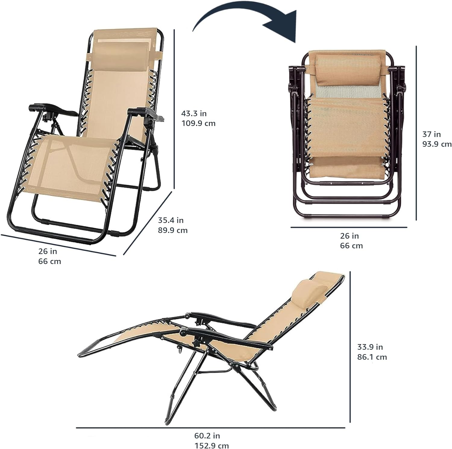 BASICS SILLA RECLINABLE PLEGABLE DE TEXTILENE PARA EXTERIORES CON ALMOHADA, 26 PULGADAS, COLOR BEIGE - 3