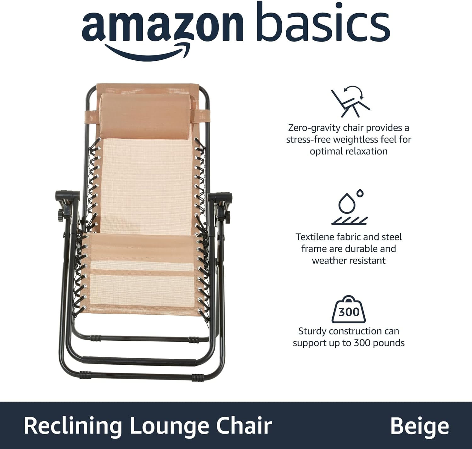 BASICS SILLA RECLINABLE PLEGABLE DE TEXTILENE PARA EXTERIORES CON ALMOHADA, 26 PULGADAS, COLOR BEIGE - 4