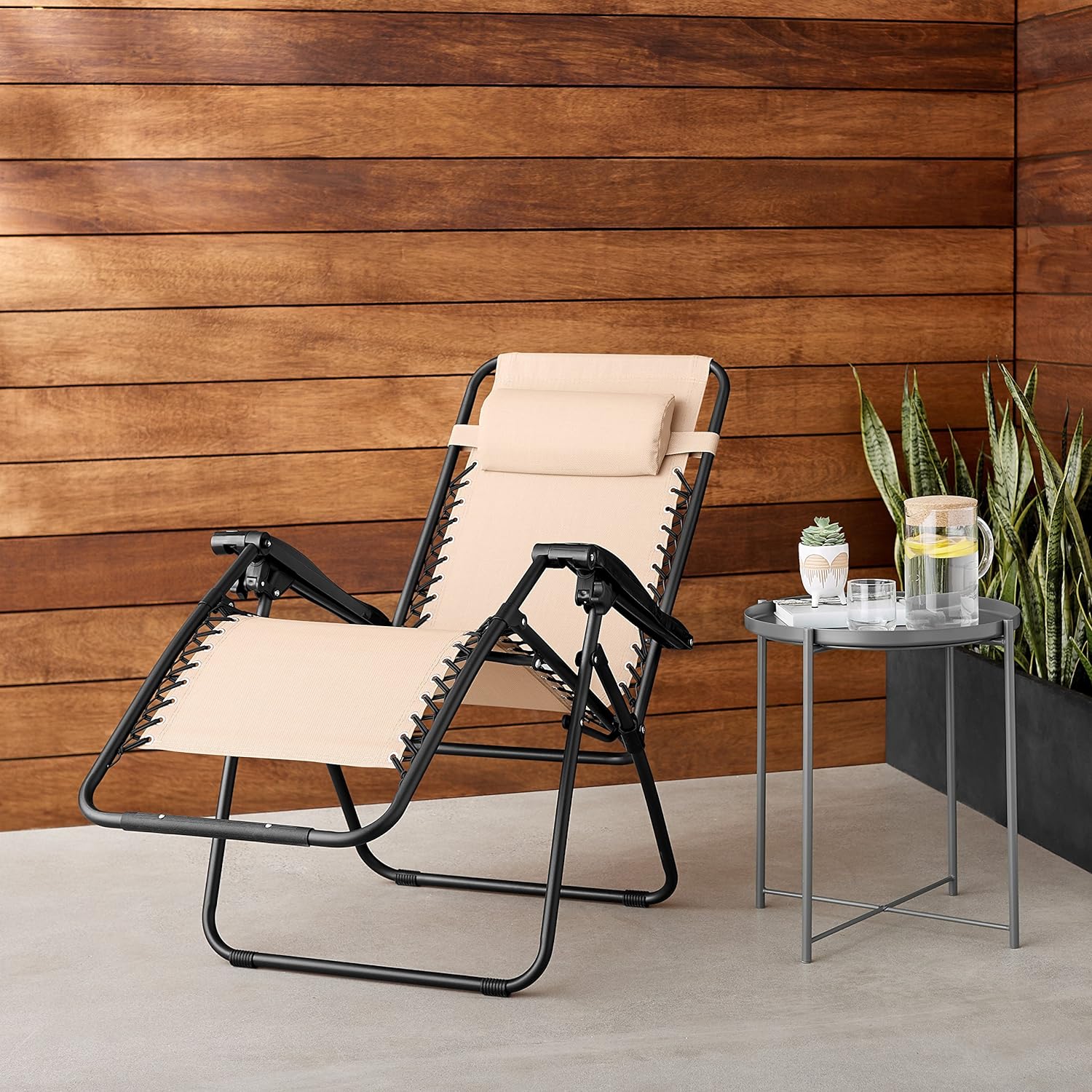 BASICS SILLA RECLINABLE PLEGABLE DE TEXTILENE PARA EXTERIORES CON ALMOHADA, 26 PULGADAS, COLOR BEIGE - 5