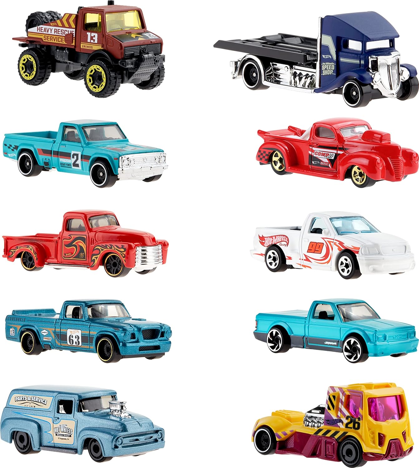 HOT WHEELS PAQUETE DE 10,CAMIONES DE JUGUETE EN ESCALA 1:64, MEZCLA DE LICENCIA OFICIAL Y SIN LICENCIA(LOS ESTILOS PUEDEN VARIAR) - 1