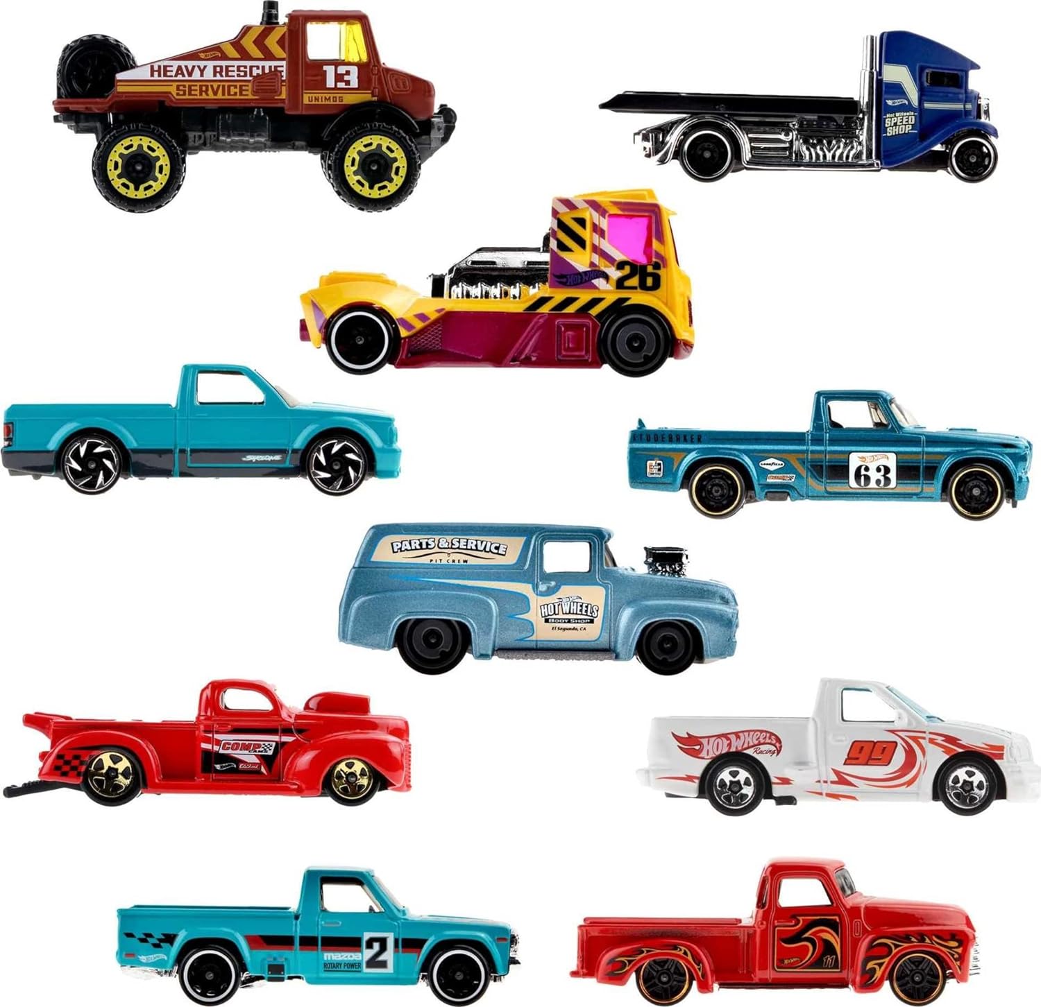 HOT WHEELS PAQUETE DE 10,CAMIONES DE JUGUETE EN ESCALA 1:64, MEZCLA DE LICENCIA OFICIAL Y SIN LICENCIA(LOS ESTILOS PUEDEN VARIAR) - 2