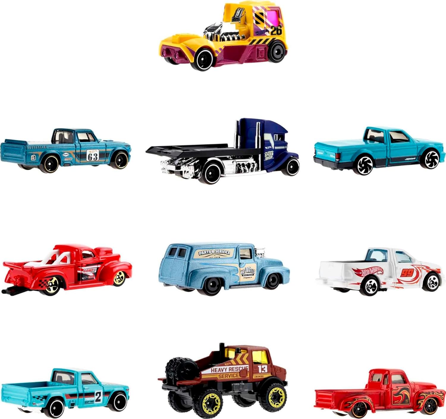 HOT WHEELS PAQUETE DE 10,CAMIONES DE JUGUETE EN ESCALA 1:64, MEZCLA DE LICENCIA OFICIAL Y SIN LICENCIA(LOS ESTILOS PUEDEN VARIAR) - 3