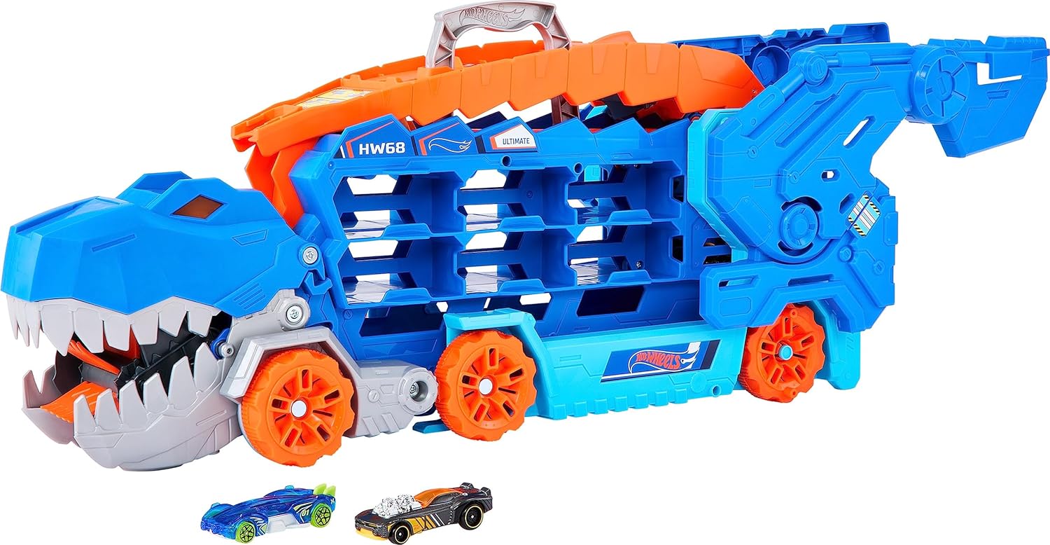 HOT WHEELS CITY ULTIMATE HAULER, SE TRANSFORMA EN STOMPING T-REX, LUCES Y SONIDOS, ALMACENAM PARA MÁS DE 20 AUTOS A ESCALA 1:64 - 1