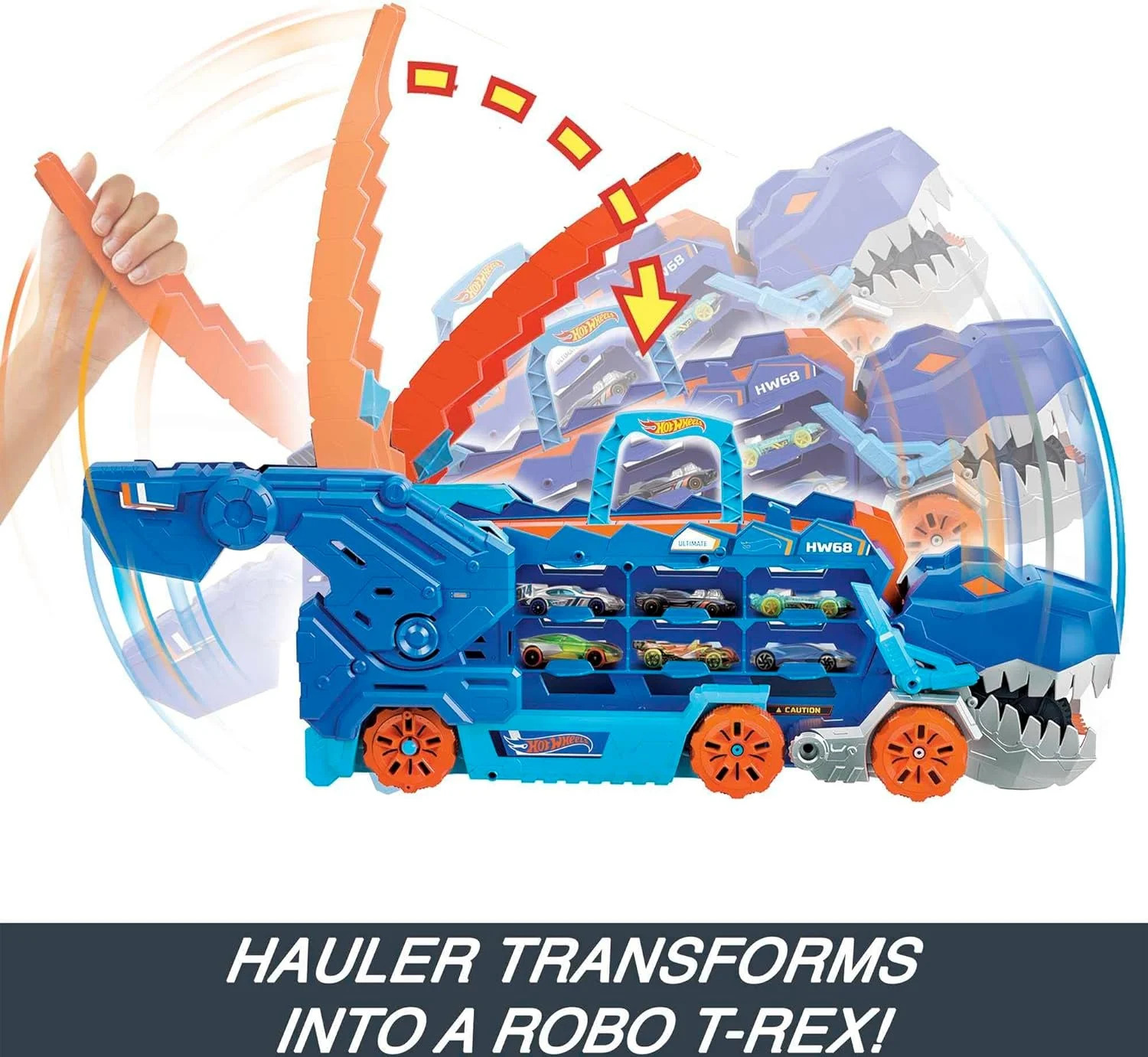 HOT WHEELS CITY ULTIMATE HAULER, SE TRANSFORMA EN STOMPING T-REX, LUCES Y SONIDOS, ALMACENAM PARA MÁS DE 20 AUTOS A ESCALA 1:64 - 4