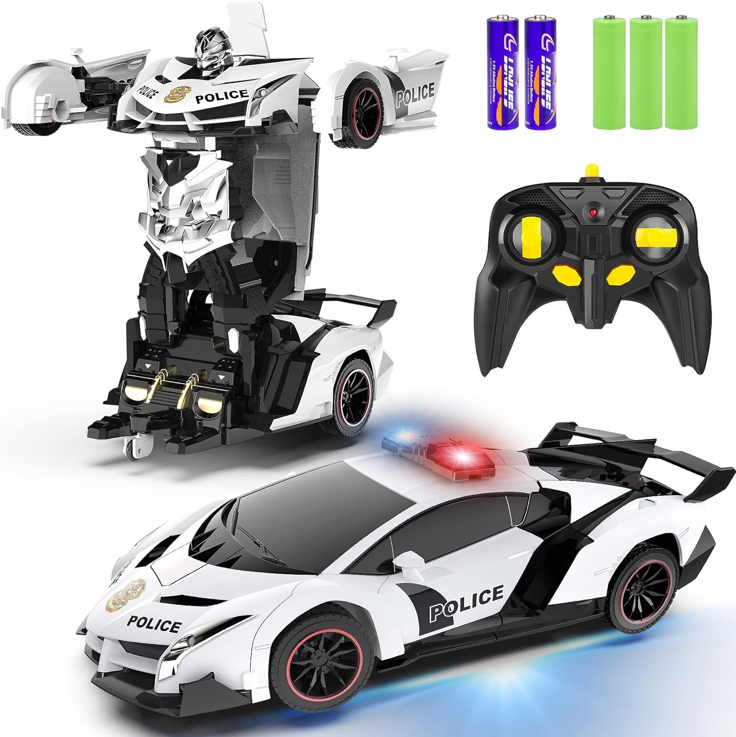 COCHE DE CONTROL REMOTO FDJ: TRANSFORMABLE,DEFORMACIÓN DE UN BOTÓN A ROBOT CON LUZ INTERMITENTE,COCHE DE POLICÍA,ROTACIÓN DE 360° - 1