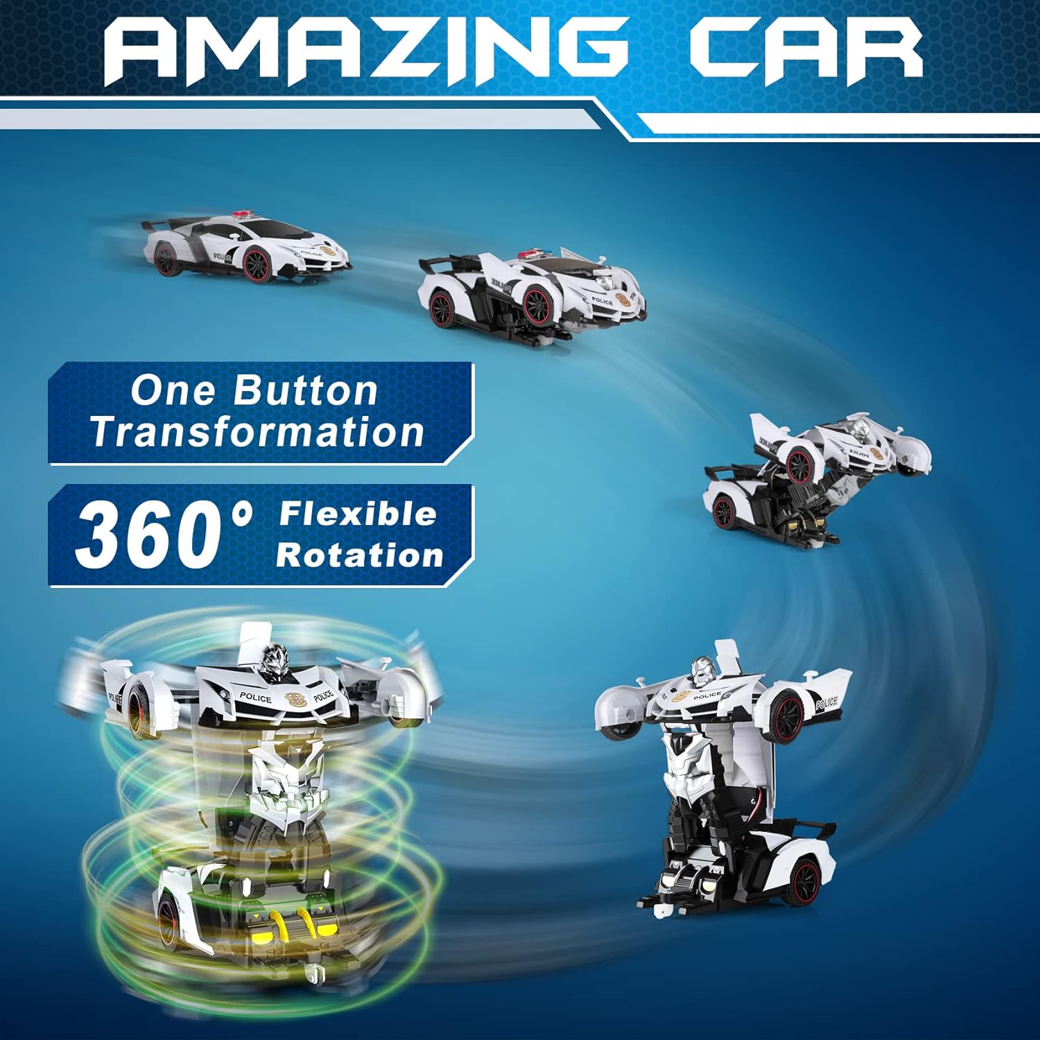 COCHE DE CONTROL REMOTO FDJ: TRANSFORMABLE,DEFORMACIÓN DE UN BOTÓN A ROBOT CON LUZ INTERMITENTE,COCHE DE POLICÍA,ROTACIÓN DE 360° - 2