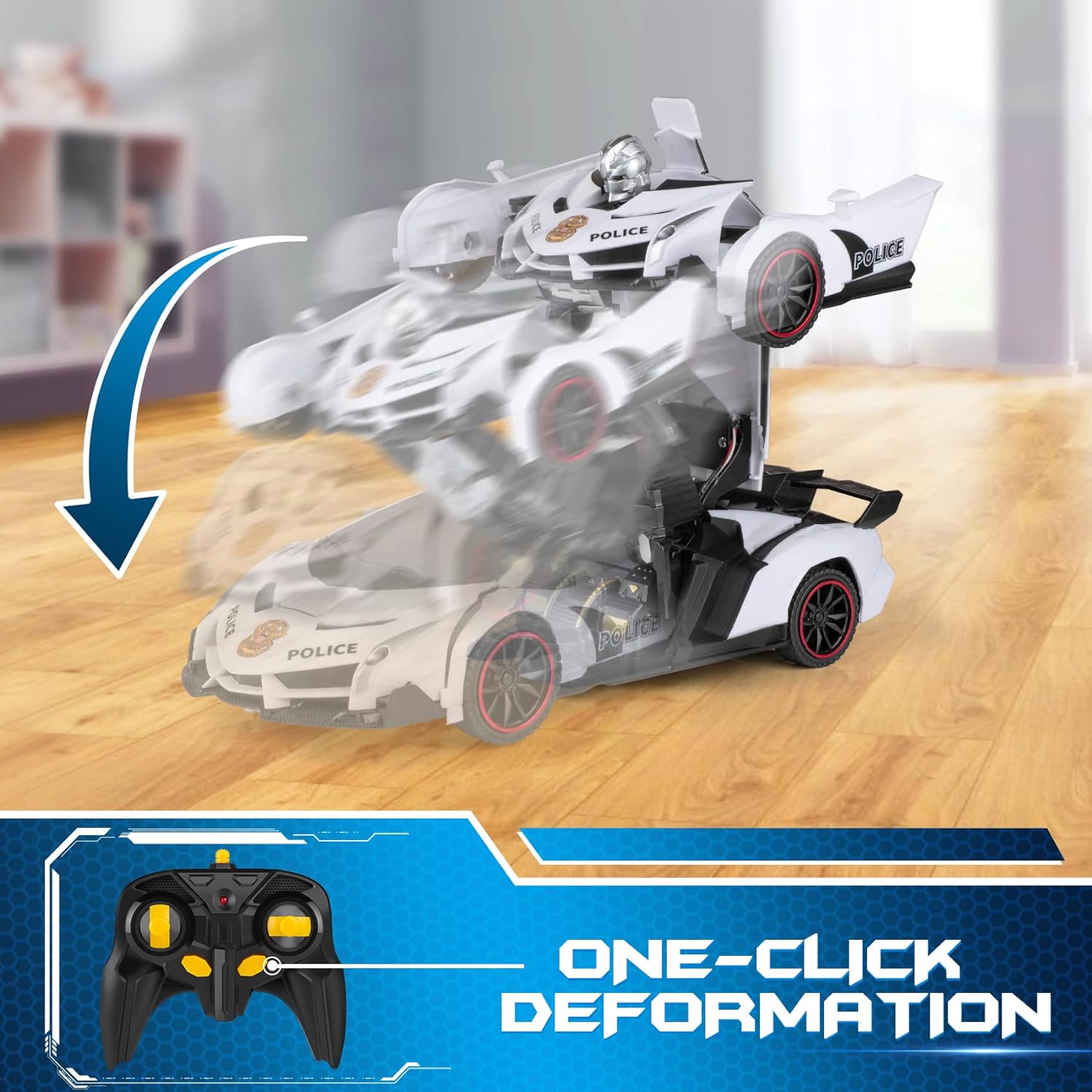 COCHE DE CONTROL REMOTO FDJ: TRANSFORMABLE,DEFORMACIÓN DE UN BOTÓN A ROBOT CON LUZ INTERMITENTE,COCHE DE POLICÍA,ROTACIÓN DE 360° - 3