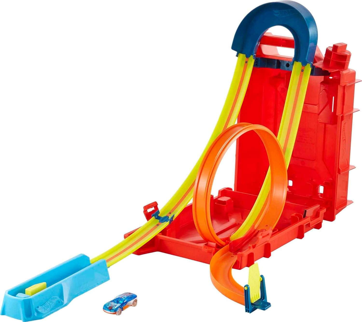 HOT WHEELS TRACK BUILDER UNLIMITED PLAYSET FUEL CAN STUNT BOX, 14 COMPONENTES Y COCHE DE JUGUETE A ESCALA 1:64 - 1