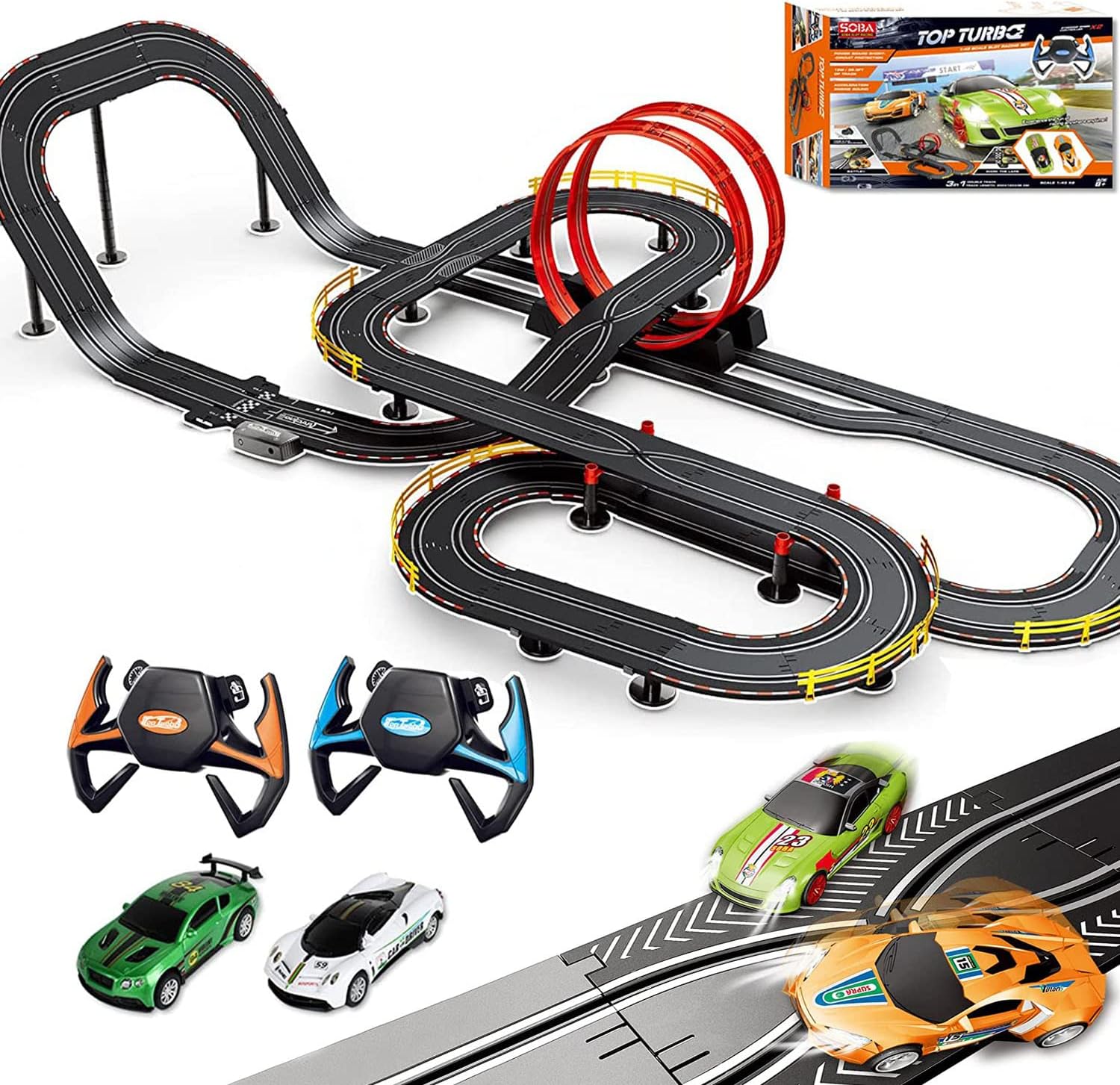 SLOT CAR RACE TRACK SET ELECTRIC POWERED SUPER LOOP SPEEDWAY CON CUATRO AUTOS CON SONIDOS Y LUZ DUAL RACING ADULT-SLOT CAR SET - 1