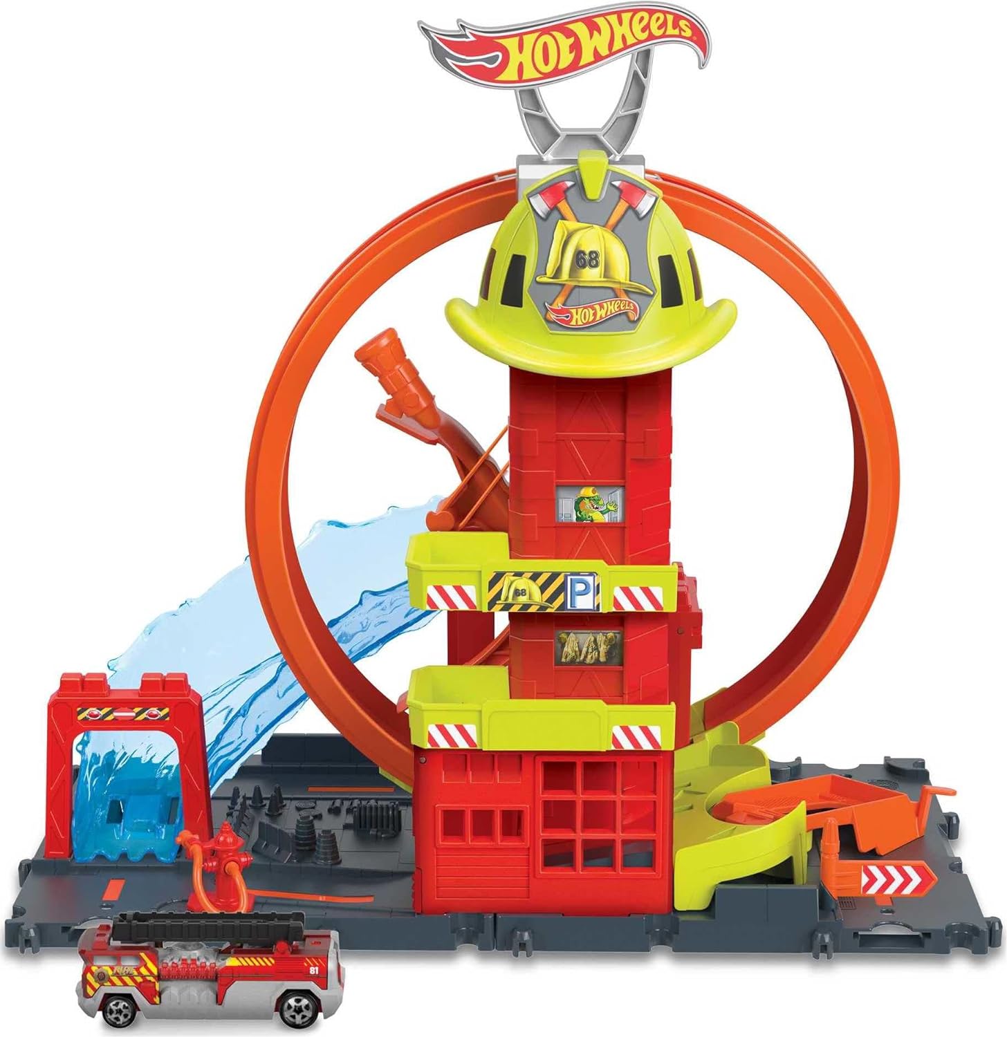 HOT WHEELS TOY CAR TRACK SET CITY SUPER LOOP ESTACIÓN DE BOMBEROS Y CAMIÓN DE BOMBEROS A ESCALA 1:64, SE CONECTA A OTROS JUEGOS - 1