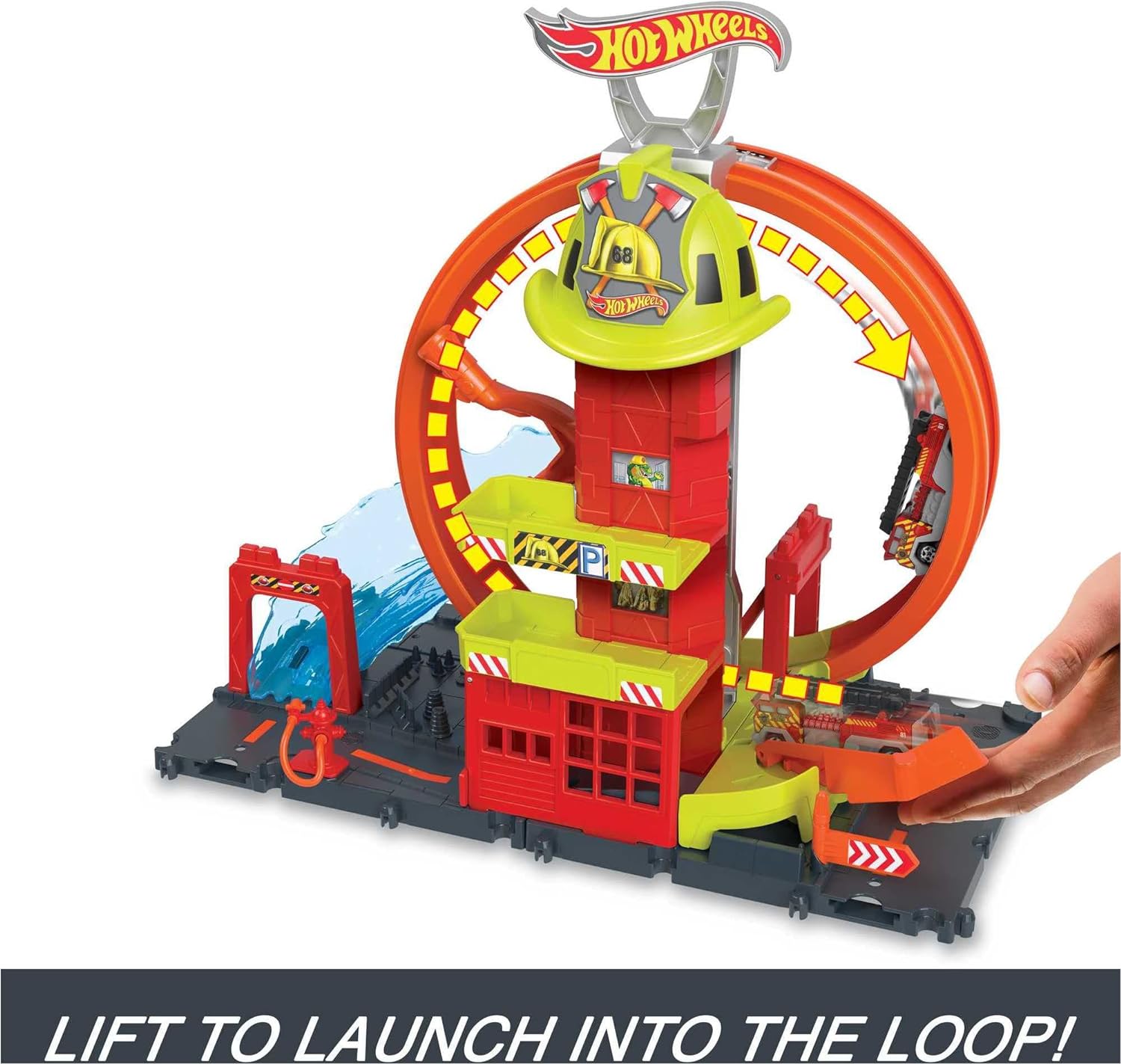 HOT WHEELS TOY CAR TRACK SET CITY SUPER LOOP ESTACIÓN DE BOMBEROS Y CAMIÓN DE BOMBEROS A ESCALA 1:64, SE CONECTA A OTROS JUEGOS - 3