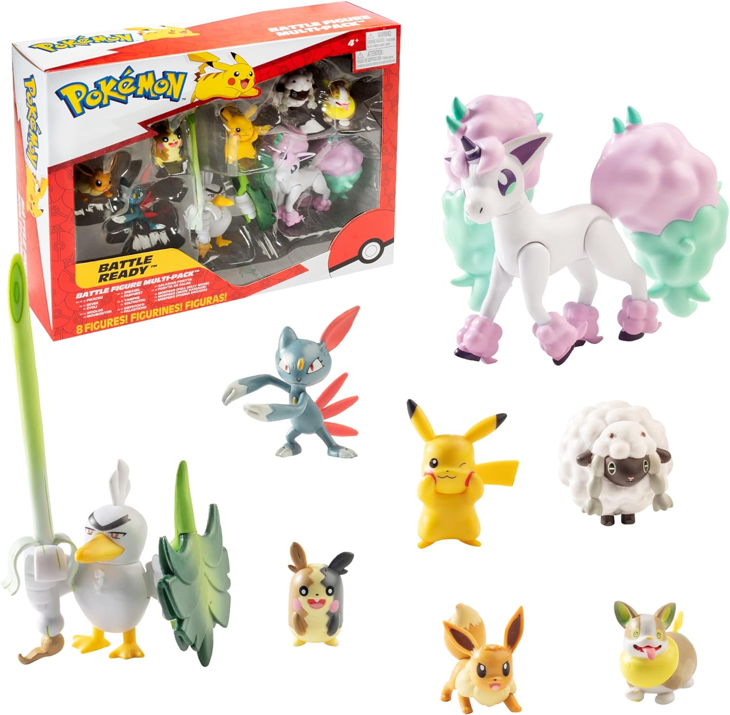 POKÉMON BATTLE FIGURE MULTI PACK TOY SET,8 PIEZAS - GENERACIÓN 8 -PIKACHU,EEVEE,WOOLOO,SNEASEL,YAMPER,PONYTA,SIRFETCH'D Y MORPEKO - 1