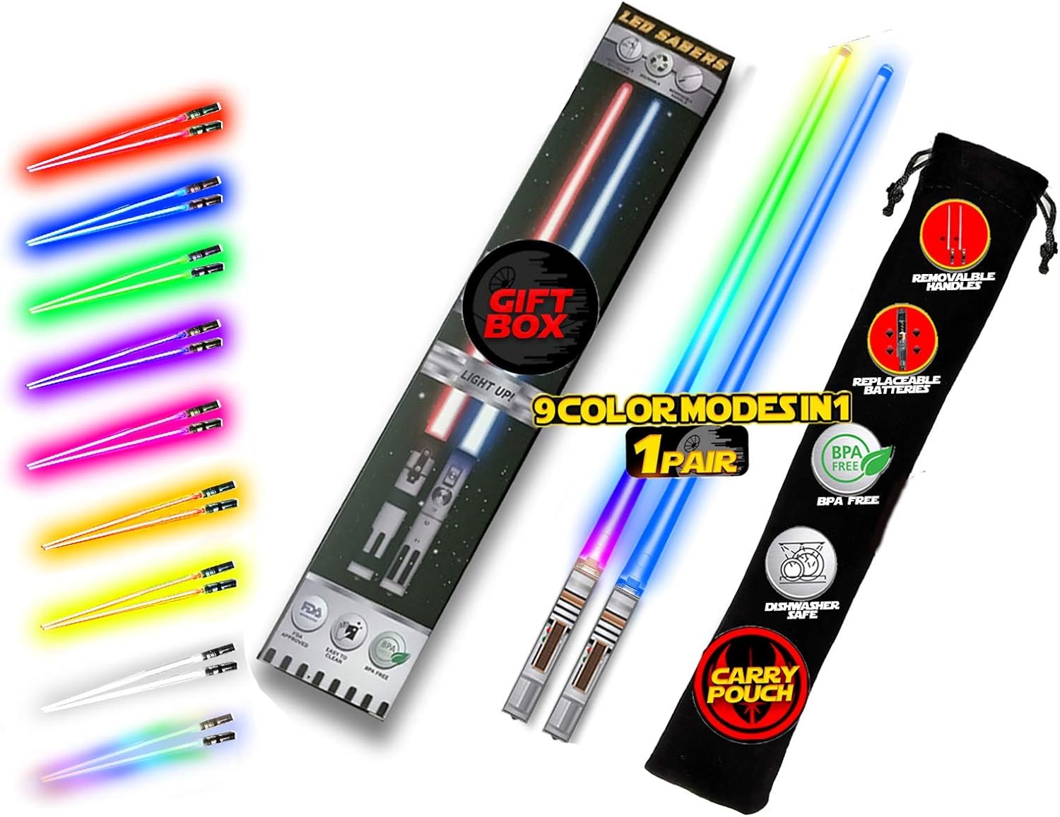 PALILLOS DE LUZ LIGHTSABLE CON LUZ LED BRILLANTE DE STAR WARS, MANGO EXTRAÍBLE, APTO PARA LAVAVAJILLAS, 8 MODOS DE COLOR, 1 PAR - 1