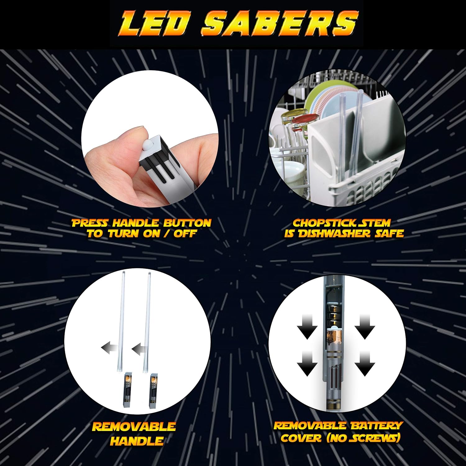 PALILLOS DE LUZ LIGHTSABLE CON LUZ LED BRILLANTE DE STAR WARS, MANGO EXTRAÍBLE, APTO PARA LAVAVAJILLAS, 8 MODOS DE COLOR, 1 PAR - 3