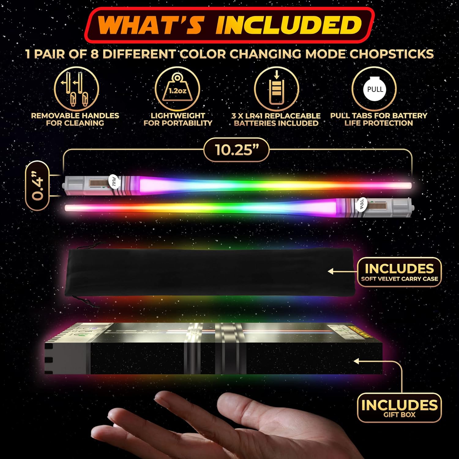 PALILLOS DE LUZ LIGHTSABLE CON LUZ LED BRILLANTE DE STAR WARS, MANGO EXTRAÍBLE, APTO PARA LAVAVAJILLAS, 8 MODOS DE COLOR, 1 PAR - 4