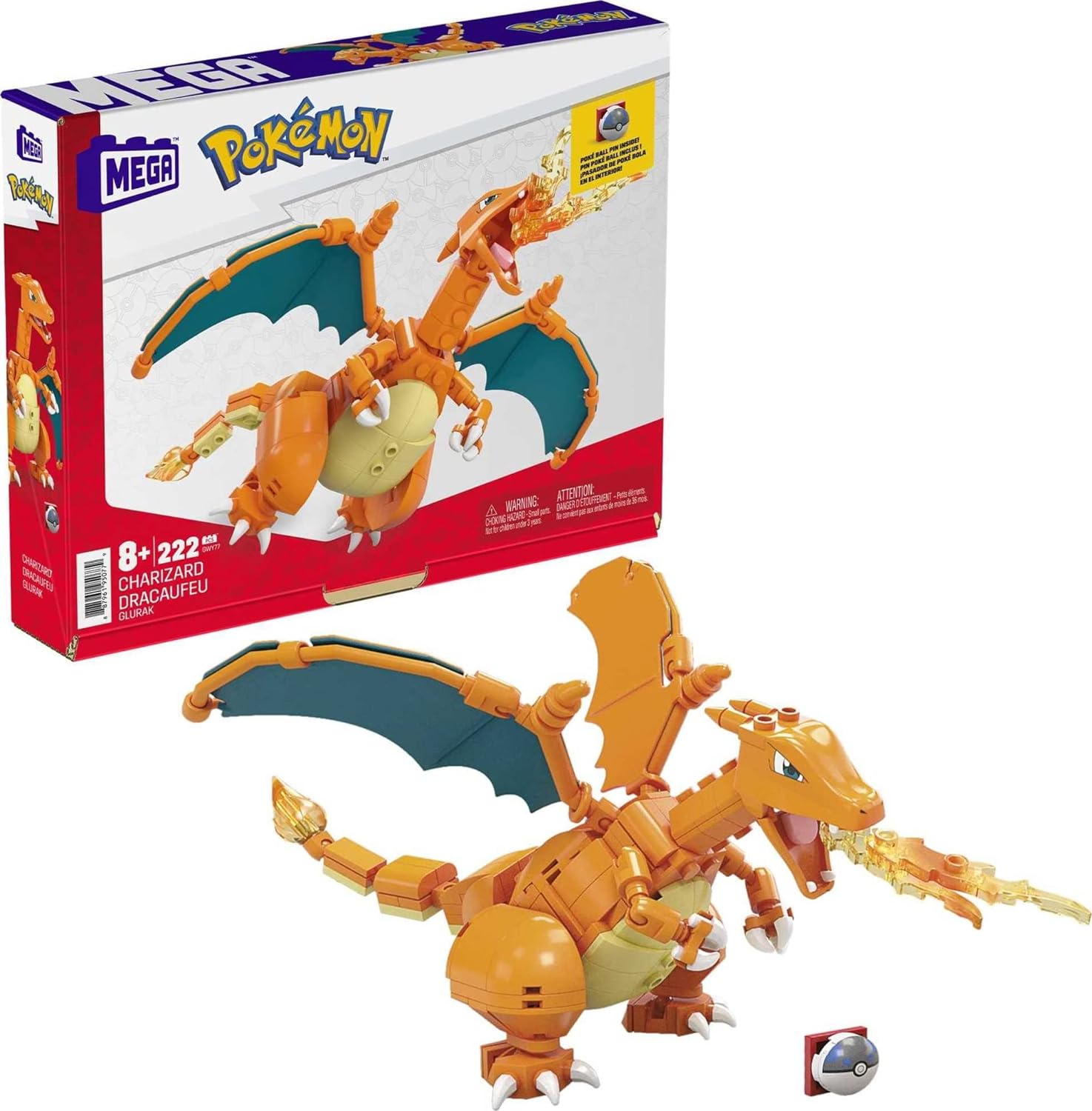 POKÉMON MEGA JUEGO DE CONSTRUCCIÓN DE FIGURAS DE ACCIÓN , CHARIZARD CON 222 PIEZAS, 1 PERSONAJE POSABLE, 4 PULGADAS DE ALTO - 1
