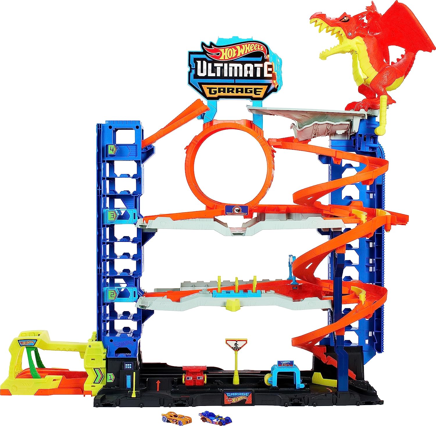 HOT WHEELS CITY ULTIMATE GARAGE PLAYSET CON 2 AUTOS FUNDIDOS A PRESIÓN,ALMACENA MÁS DE 50 AUTOS,4 NIVEL DE PISTA,DERROTA ALDRAGÓN - 1