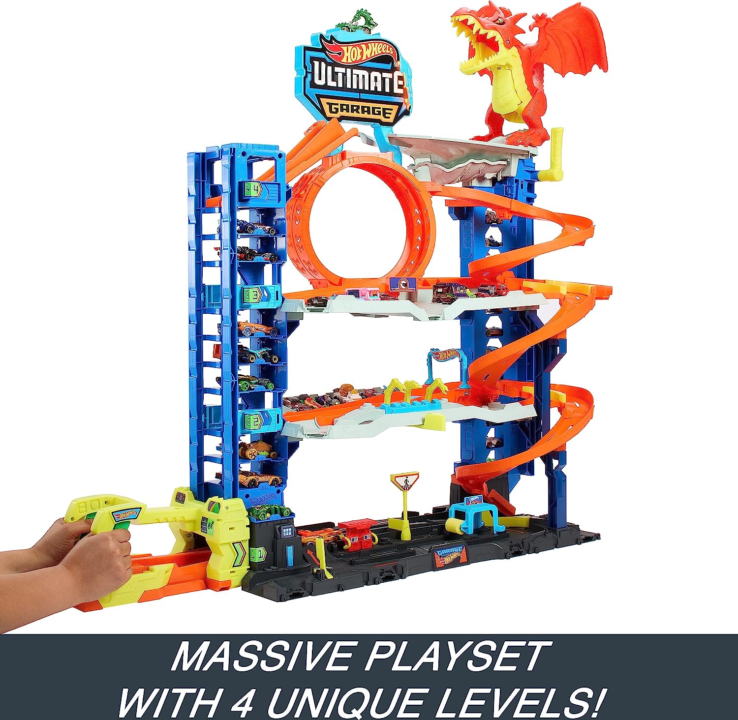 HOT WHEELS CITY ULTIMATE GARAGE PLAYSET CON 2 AUTOS FUNDIDOS A PRESIÓN,ALMACENA MÁS DE 50 AUTOS,4 NIVEL DE PISTA,DERROTA ALDRAGÓN - 3