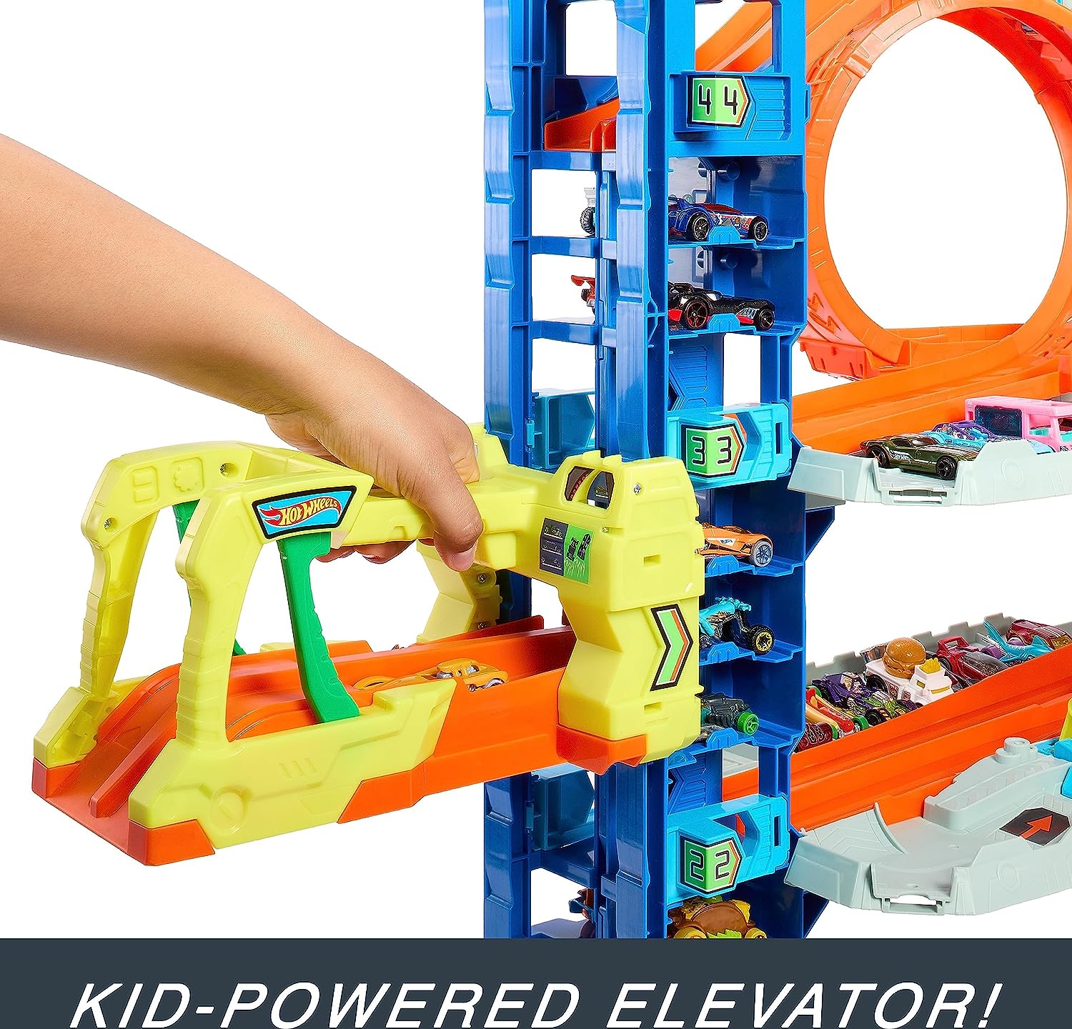 HOT WHEELS CITY ULTIMATE GARAGE PLAYSET CON 2 AUTOS FUNDIDOS A PRESIÓN,ALMACENA MÁS DE 50 AUTOS,4 NIVEL DE PISTA,DERROTA ALDRAGÓN - 4