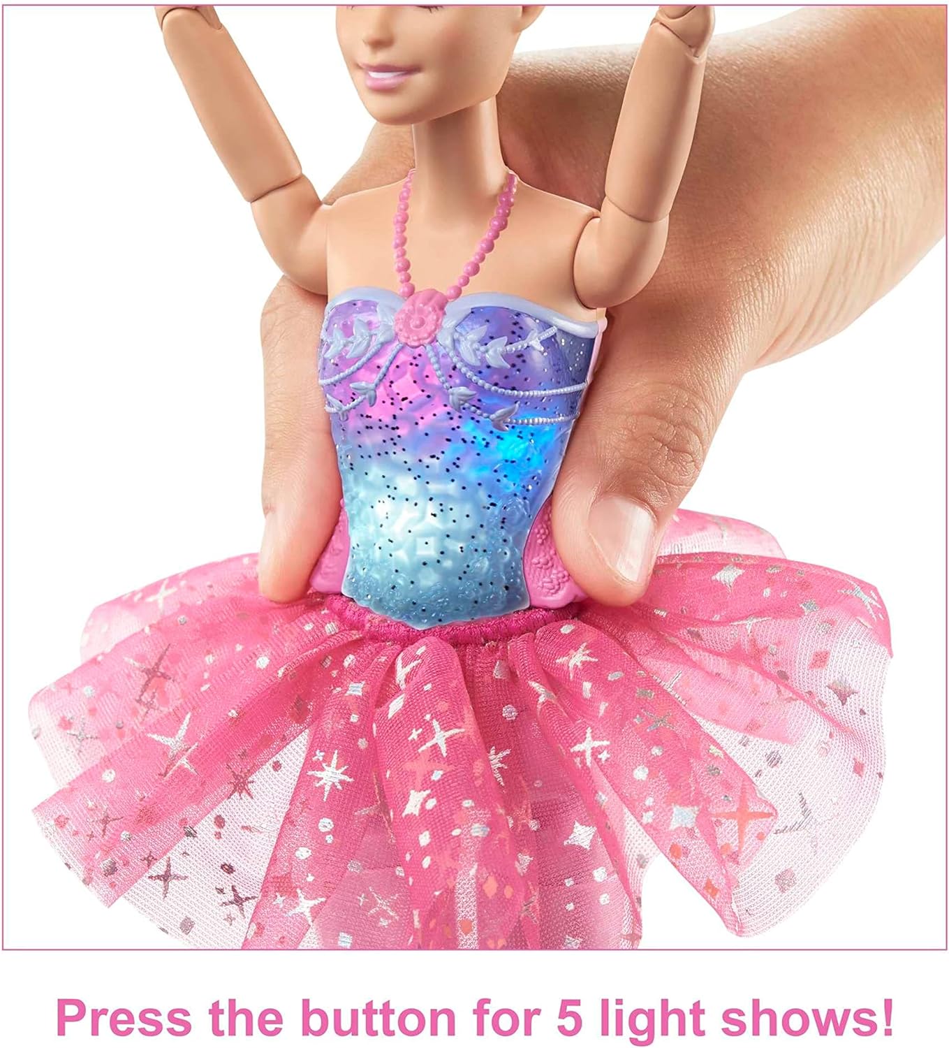 BARBIE DREAMTOPIA- TWINKLE LIGHTS POSABLE BALLERINA CON 5 ESPECTÁCULOS DE ILUMINACIÓN,TUTÚ ROSA BRILLANTE,PELO RUBIO Y TIARA - 4