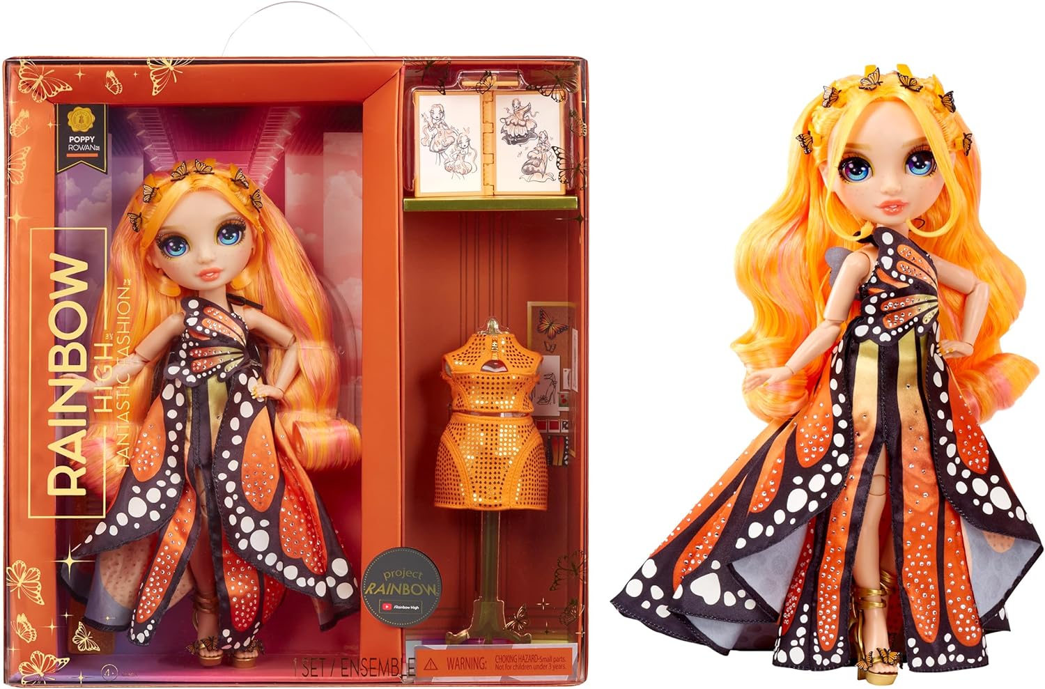 RAINBOW HIGH FANTASTIC FASHION POPPY ROWAN - MUÑECA NARANJA DE 11' Y JUEGO CON 2 TRAJES COMPLETOS DE MUÑECA Y ACCESORIOS - 1
