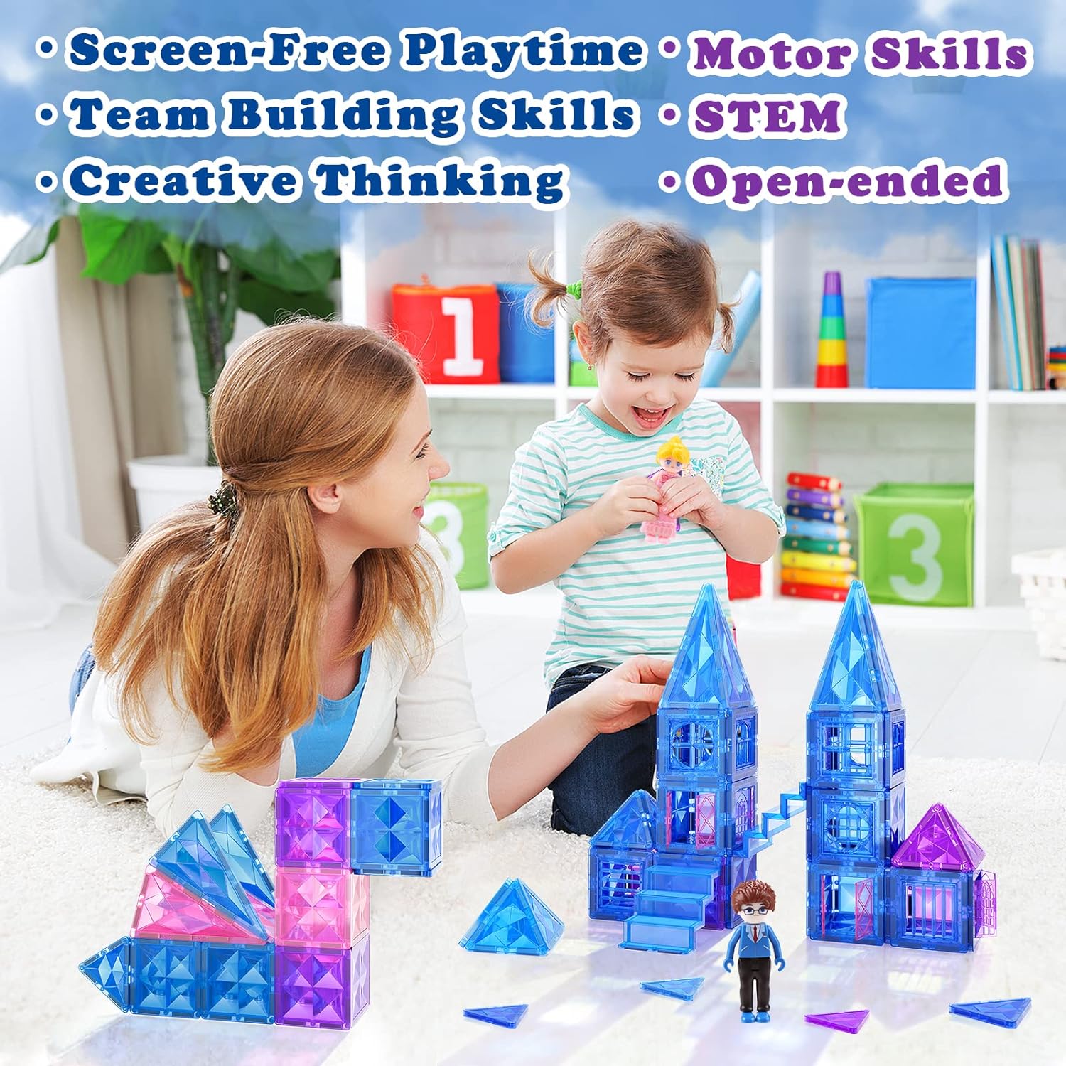 JUGUETES DE FROZEN PARA NIÑAS, AZULEJOS MAGNÉTICOS, 102 PIEZAS CON MUÑECAS, CASTILLO DE PRINCESA, JUGUETES DE CONSTRUCCIÓN - 3