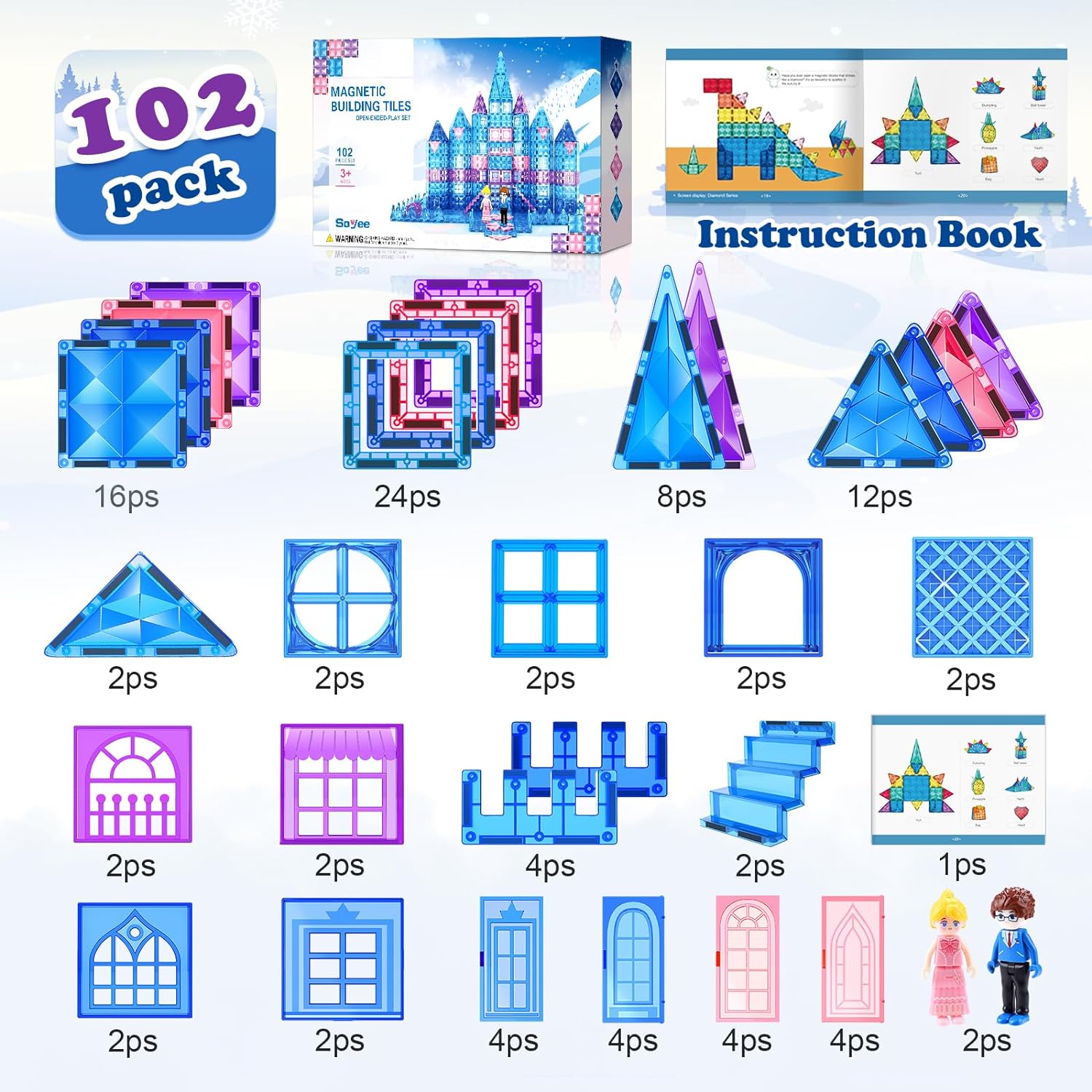 JUGUETES DE FROZEN PARA NIÑAS, AZULEJOS MAGNÉTICOS, 102 PIEZAS CON MUÑECAS, CASTILLO DE PRINCESA, JUGUETES DE CONSTRUCCIÓN - 4