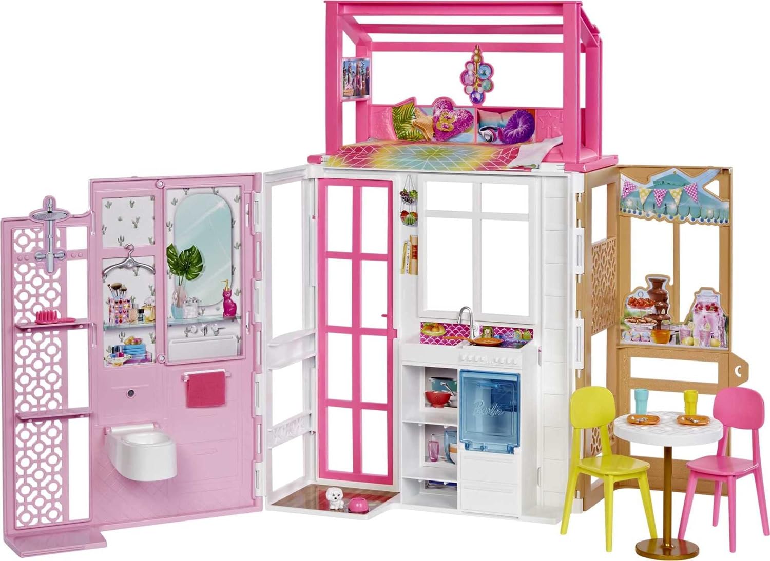 BARBIE CASA DE MUÑECAS CON 2 NIVELES Y 4 ZONA DE JUEGO,TOTALMENTE AMUEBLADA CON CACHORRO DE MASCOTAS Y ACCESORIOS,NIÑOS DE 3 AÑOS - 1