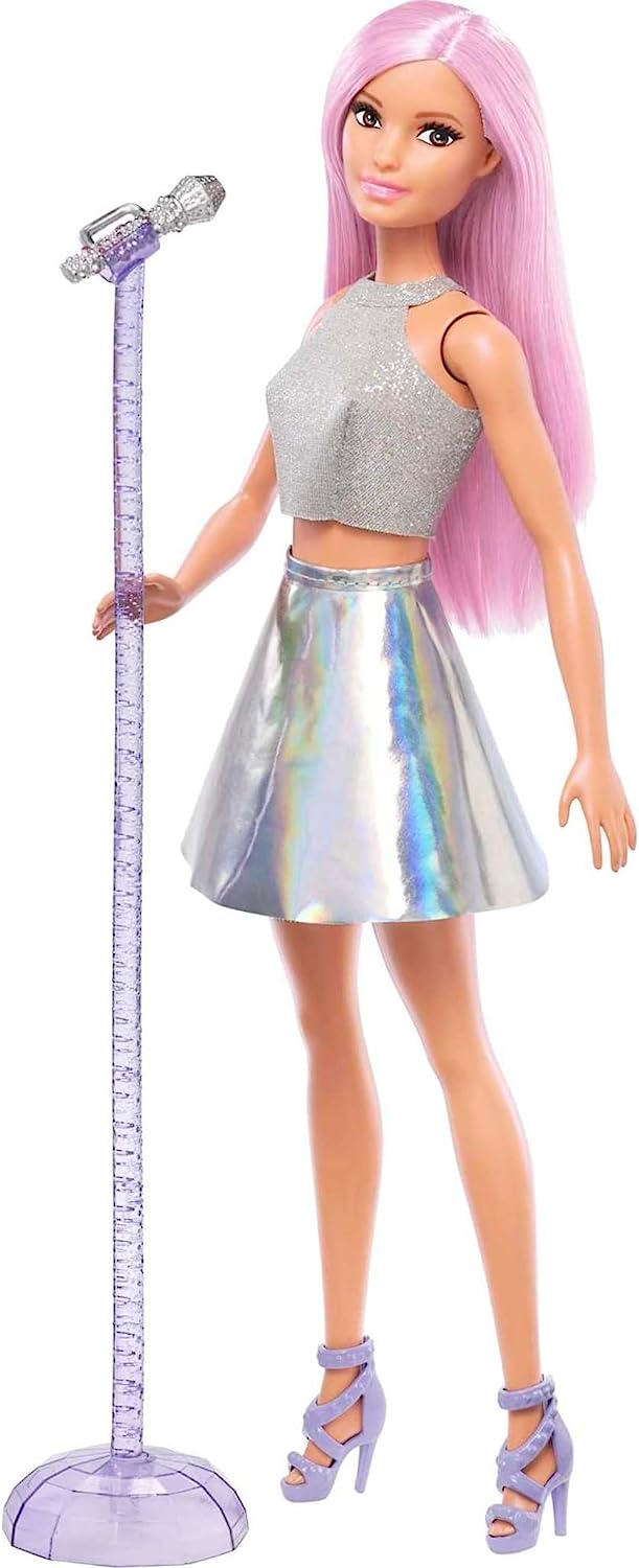 BARBIE MUÑECA POP STAR FASHION CON PELO ROSA Y OJOS MARRONES, FALDA IRIDISCENTE Y ACCESORIO PARA MICRÓFONO - 1
