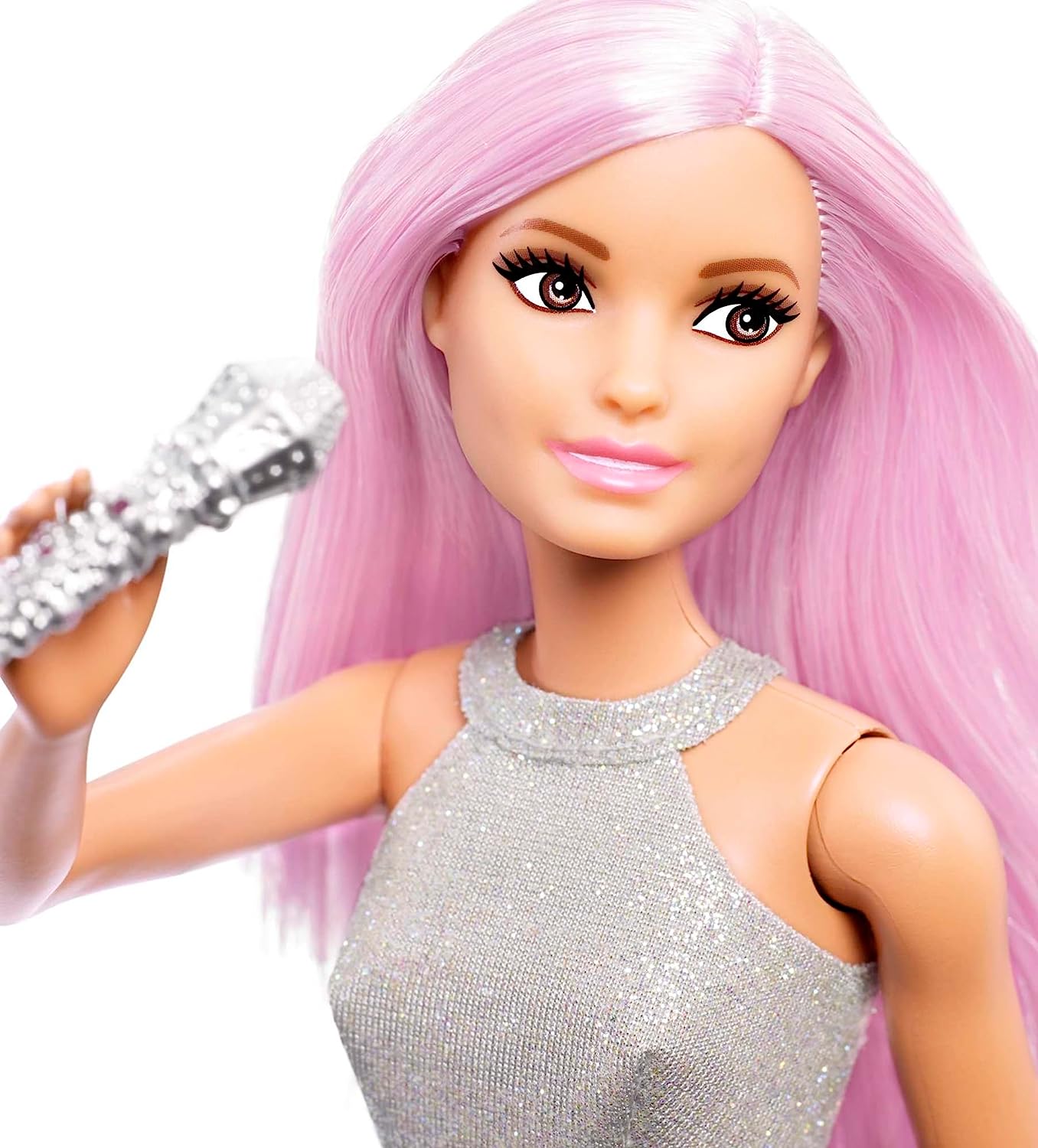 BARBIE MUÑECA POP STAR FASHION CON PELO ROSA Y OJOS MARRONES, FALDA IRIDISCENTE Y ACCESORIO PARA MICRÓFONO - 3