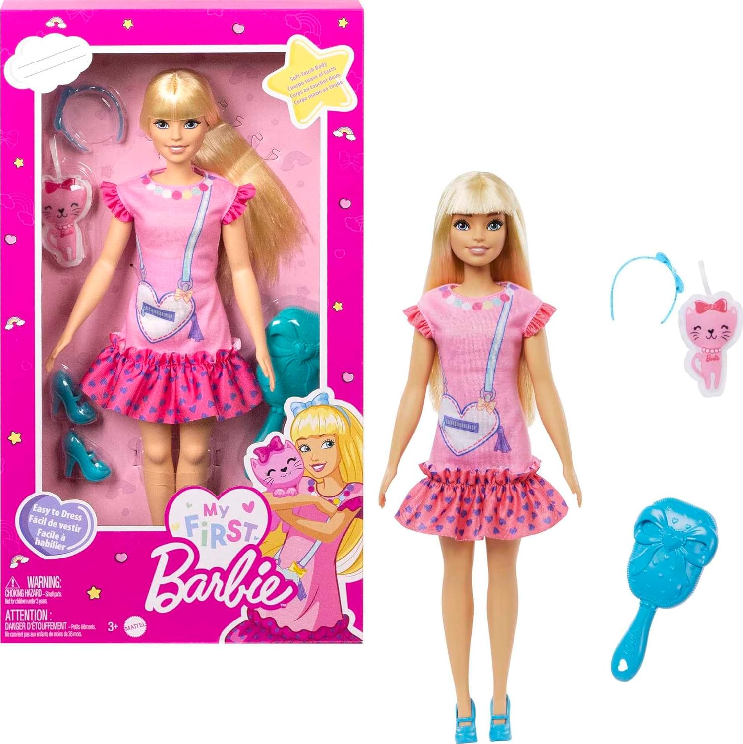 BARBIE MUÑECA PARA NIÑOS, CABELLO RUBIO, MUÑECA MY FIRST BARBIE 'MALIBU', GATITO DE PELUCHE, ACCESORIOS, CUERPO SUAVE POSABLE - 1