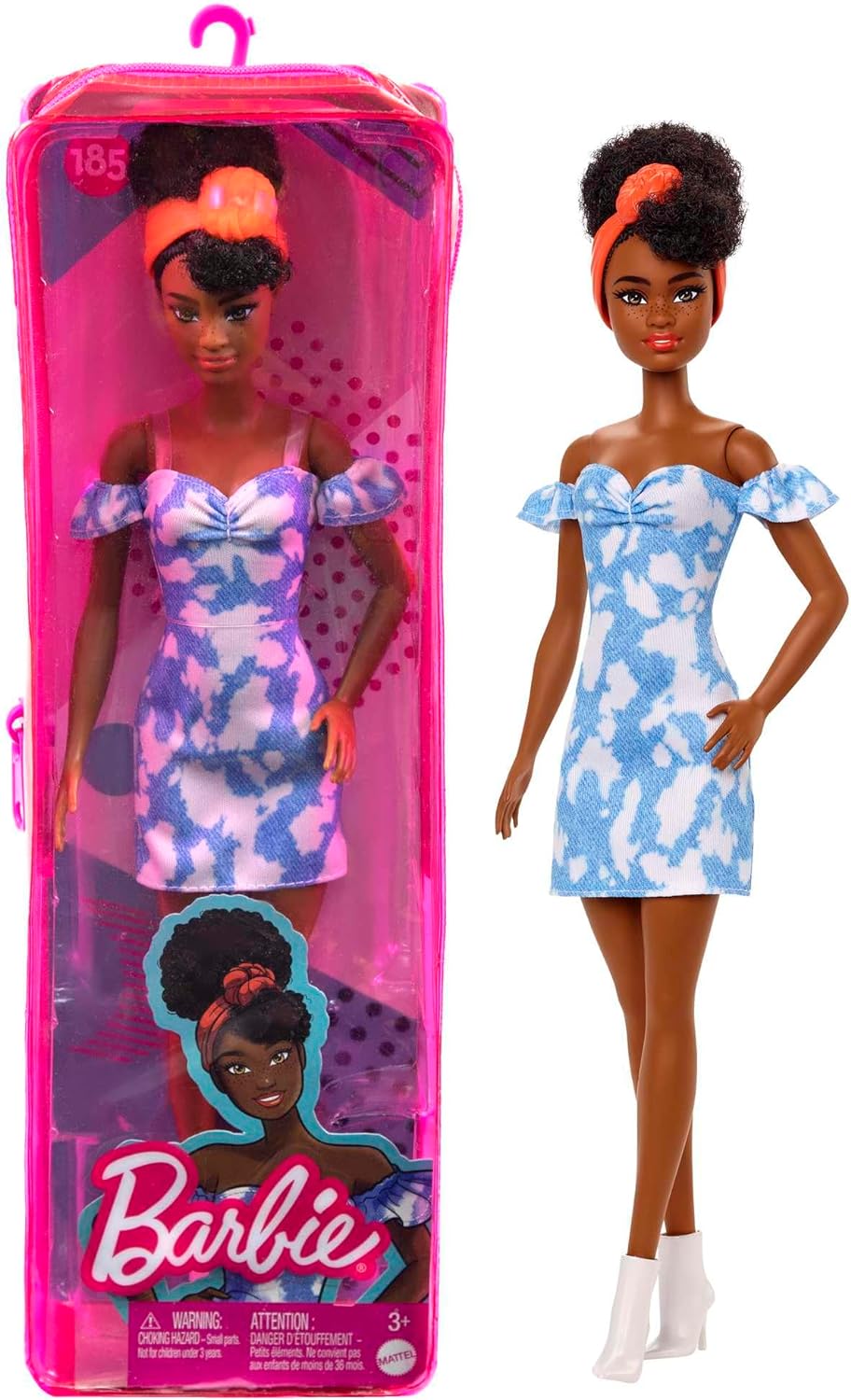 BARBIE FASHIONISTAS DOLL , CABELLO NEGRO CON HOMBROS DESCUBIERTOS, VESTIDO DE MEZCLILLA BLANQUEADO, BANDANA NARANJA,BOTAS BLANCAS - 1