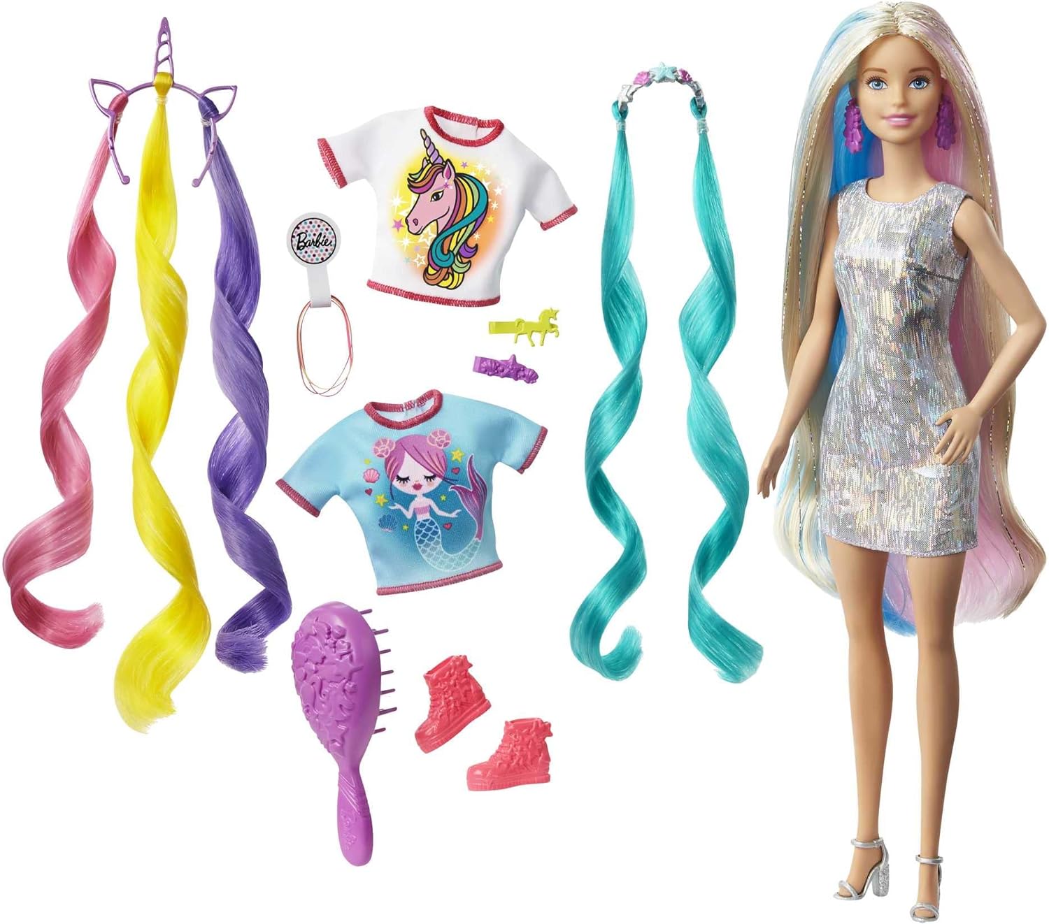 BARBIE MUÑECA DE PELO DE FANTASÍA Y ACCESORIOS, PELO LARGO Y COLORIDO RUBIO CON ROPA INSPIRADA EN SIRENA Y UNICORNIO - 1