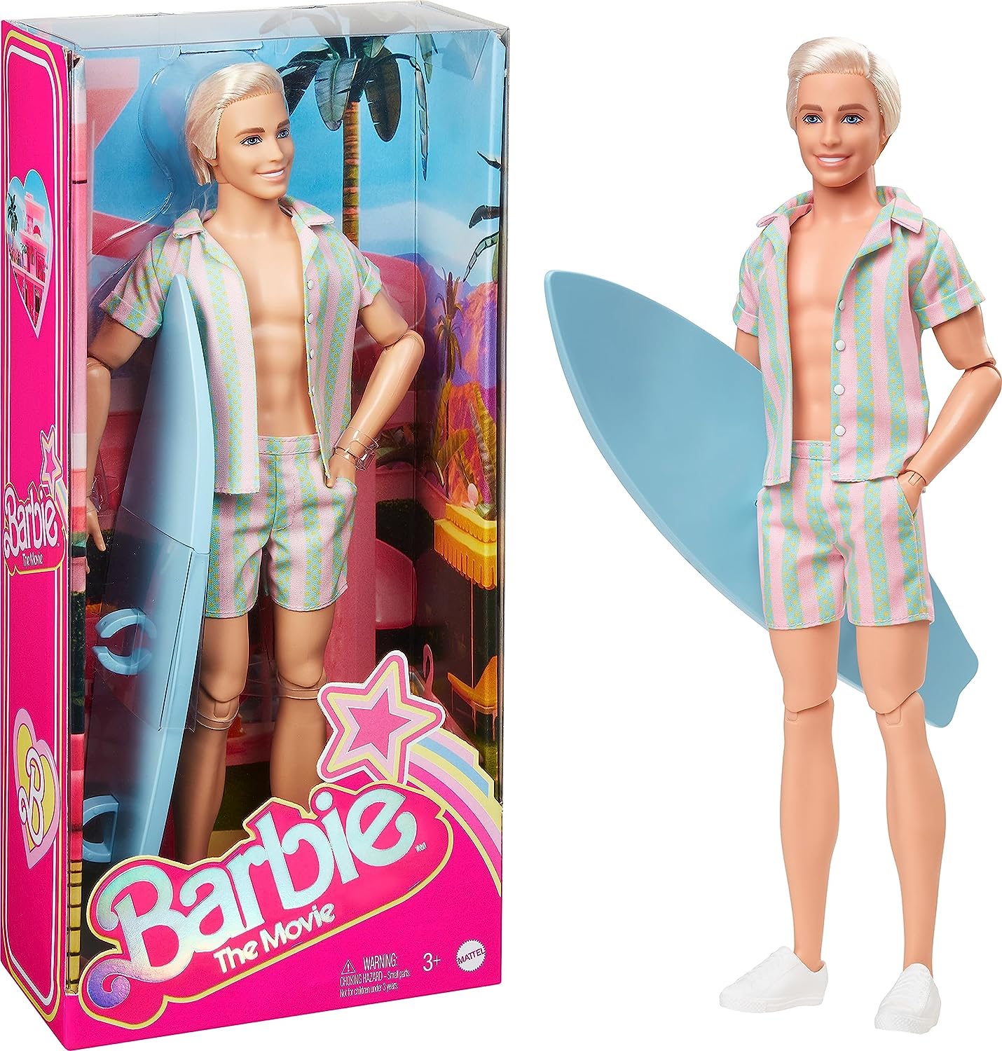 BARBIE THE MOVIE KEN DOLL CON JUEGO DE PLAYA A RAYAS ROSA PASTEL Y VERDE CON TABLA DE SURF Y ZAPATILLAS BLANCAS - 1