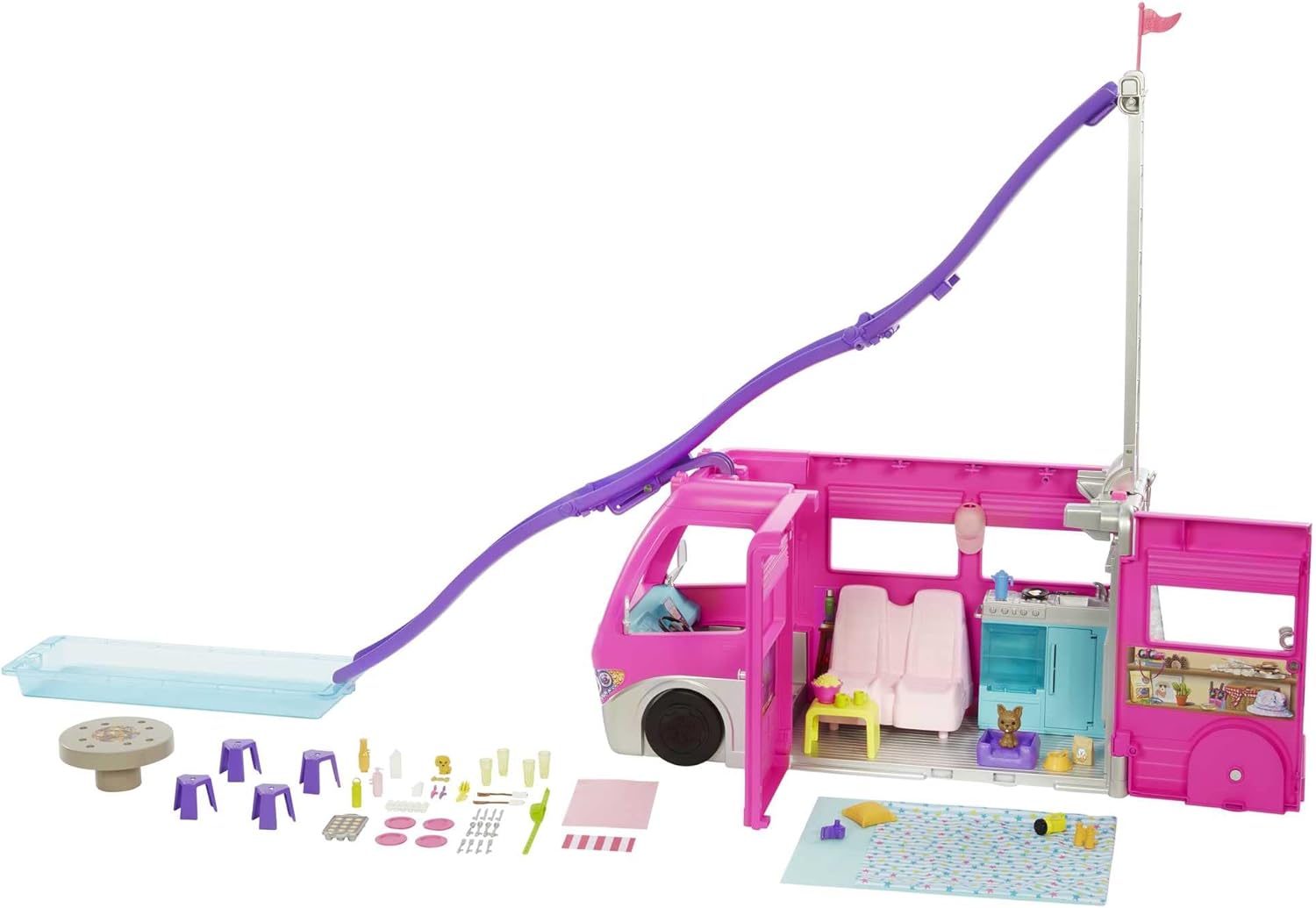 BARBIE DREAMCAMPER PLAYSET,VEHÍCULO DE JUGUETE DREAMCAMPER CON 60 ACCESORIOS INCLUYENDO MUEBLES, PISCINA Y TOBOGÁN DE 30 PULGADAS - 1
