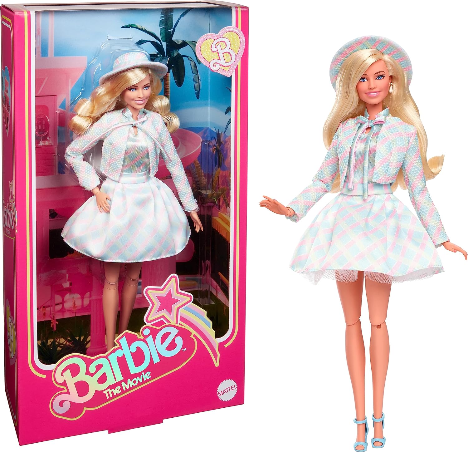 BARBIE LA MUÑECA DE LA PELÍCULA, MARGOT ROBBIE, MUÑECA COLECCIONABLE CON JUEGO A CUADROS AZULES CON SOMBRERO Y CHAQUETA A JUEGO - 1