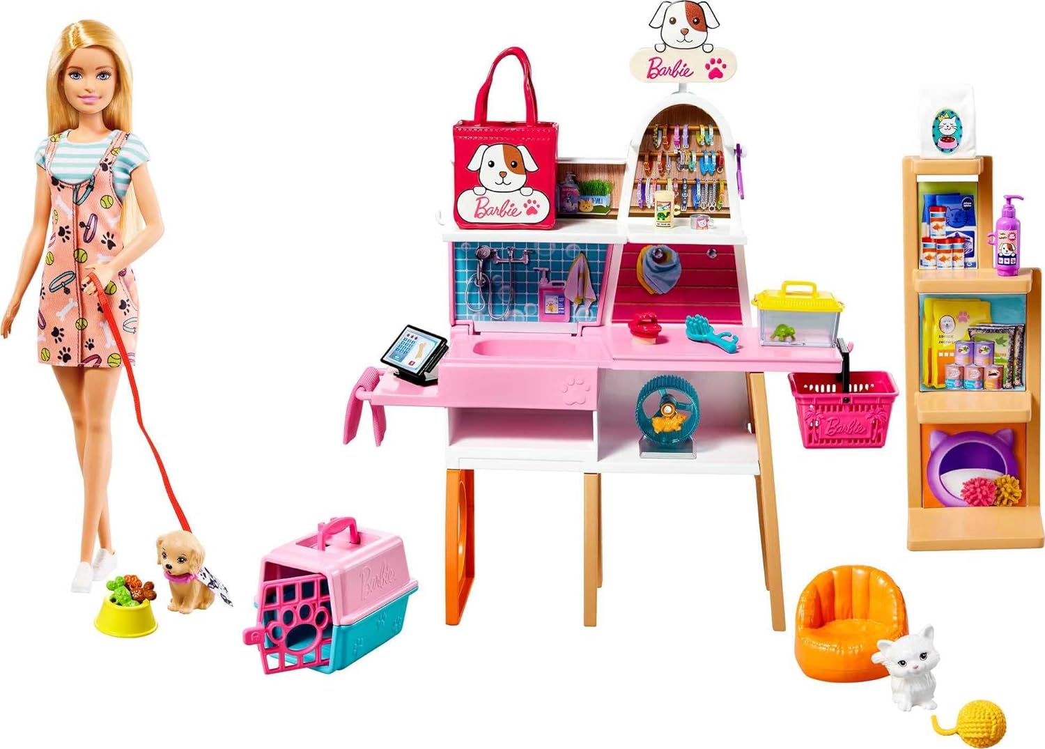 BARBIE - MUÑECA Y SET DE JUEGO DE TIENDA DE MASCOTAS, CON 4 MASCOTAS, CAMBIO DE COLOR Y ACCESORIOS, PARA NIÑAS DE 3 A 7 AÑOS - 1