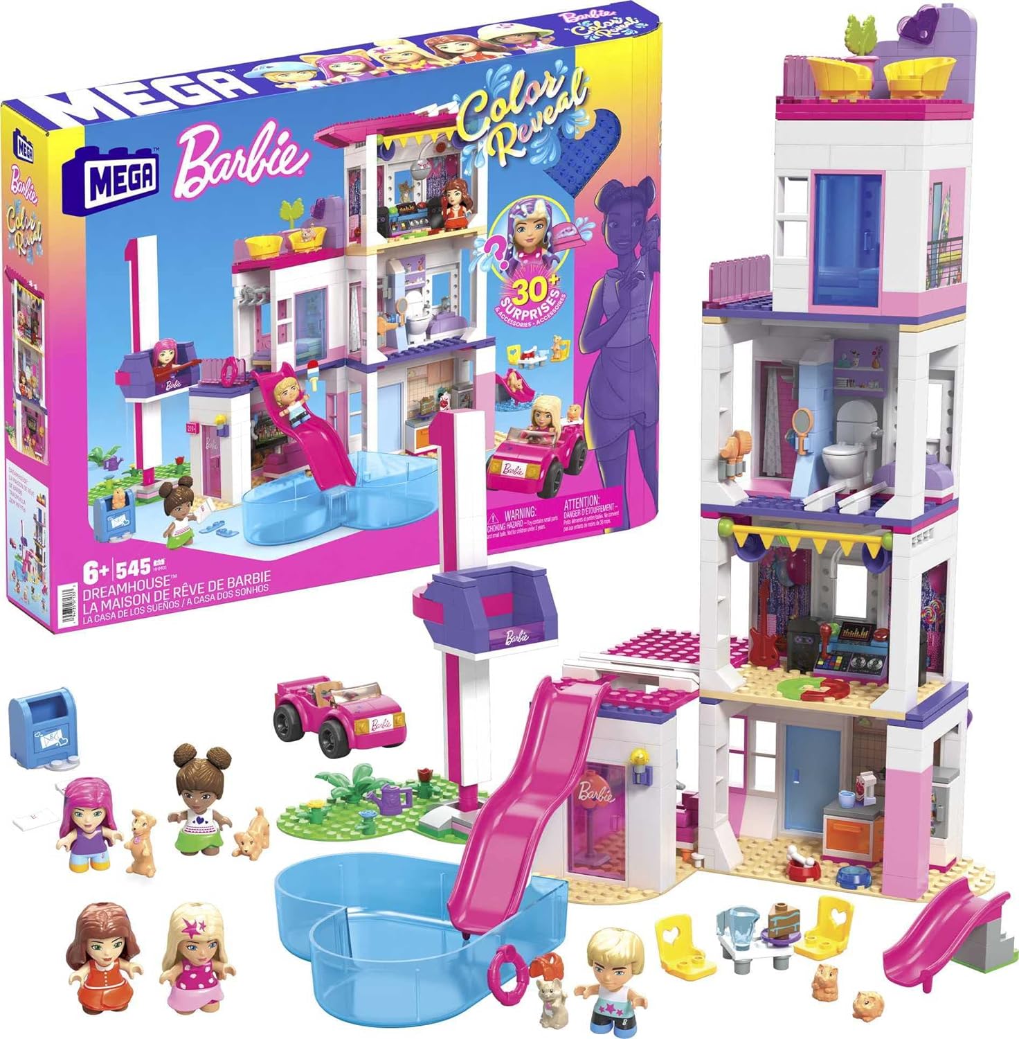 MEGA BARBIE COLOR REVEAL,JUGUETE DE CONSTRUCCIÓN,CASA DE ENSUEÑO CON 545 PIEZAS,MÁS DE 30 SORPRESAS,5 MICROMUÑECAS Y MAS - 1