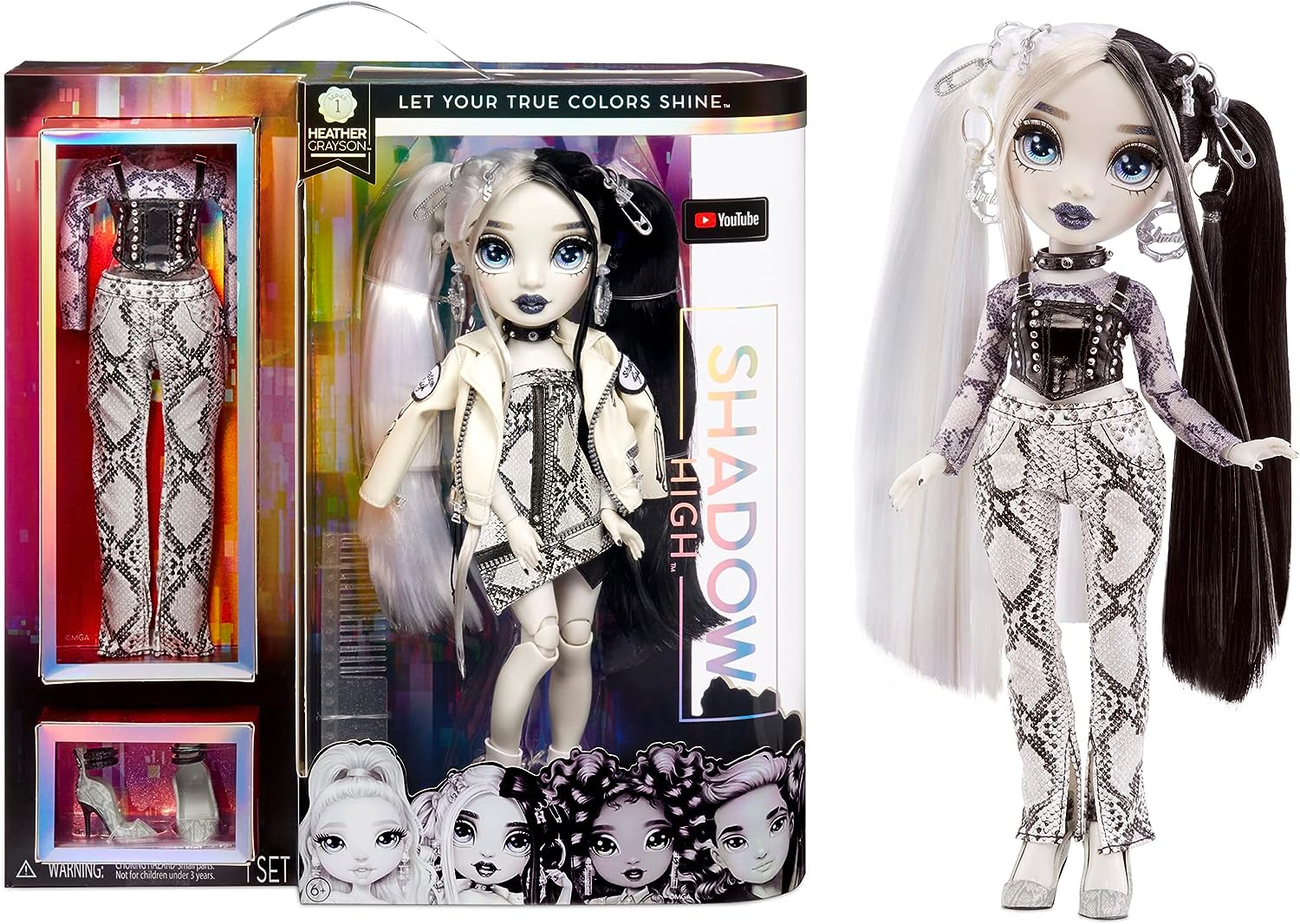 RAINBOW HIGH SHADOW SERIES 1 HEATHER GRAYSON - MUÑECA EN ESCALA DE GRISES. 2 TRAJES DE DISEÑADOR GRISES PARA MEZCLAR Y COMBINAR - 1