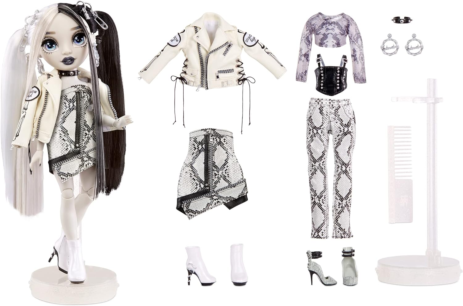 RAINBOW HIGH SHADOW SERIES 1 HEATHER GRAYSON - MUÑECA EN ESCALA DE GRISES. 2 TRAJES DE DISEÑADOR GRISES PARA MEZCLAR Y COMBINAR - 2