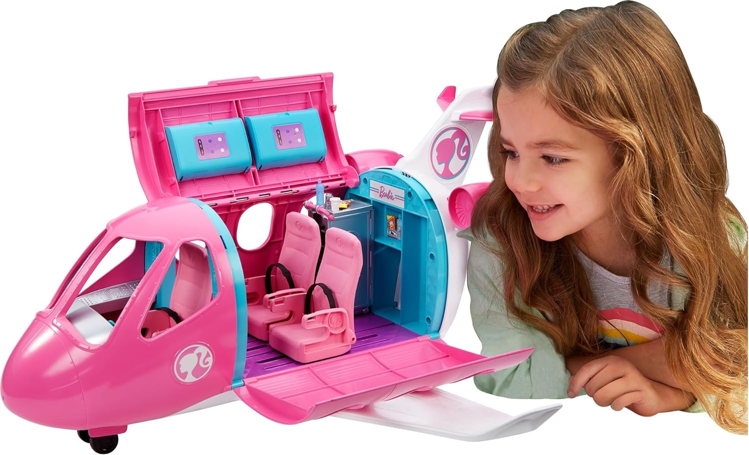 BARBIE JUEGO DE AVIONES, DREAMPLANE CON MÁS DE 15 ACCESORIOS,INCLUYENDO CACHORRO,CARRITO DE APERITIVOS,ASIENTOS RECLINABLES Y MÁS - 1
