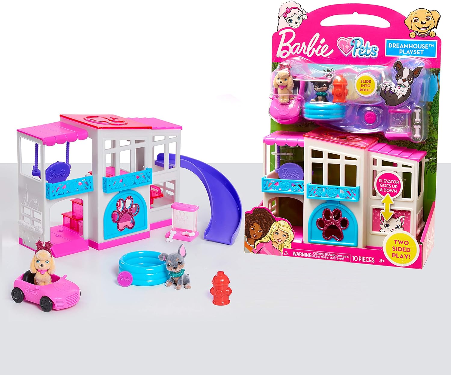 BARBIE PET DREAMHOUSE JUEGO DE 2 CARAS, 10 PIEZAS, INCLUYE MASCOTAS Y ACCESORIOS - 1