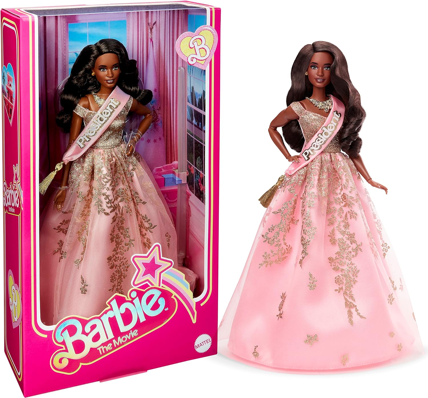 BARBIE LA MUÑECA DE LA PELÍCULA, COLECCIONABLE PRESIDENT BARBIE CON VESTIDO ROSA Y DORADO BRILLANTE CON BANDA - 1