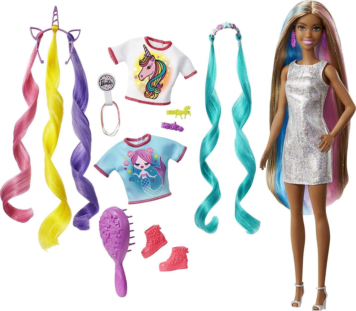 BARBIE MUÑECA DE PELO DE FANTASÍA Y ACCESORIOS, PELO LARGO Y COLORIDO MORENA CON ROPA INSPIRADA EN SIRENA Y UNICORNIO - 1