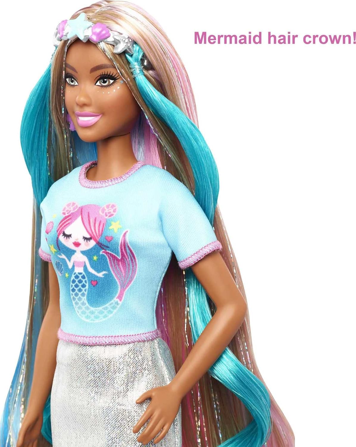 BARBIE MUÑECA DE PELO DE FANTASÍA Y ACCESORIOS, PELO LARGO Y COLORIDO MORENA CON ROPA INSPIRADA EN SIRENA Y UNICORNIO - 3