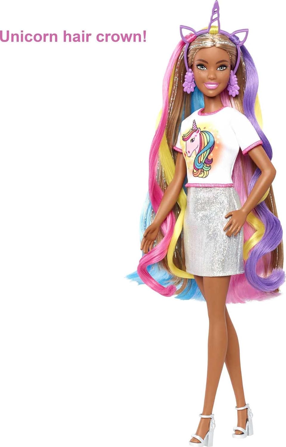 BARBIE MUÑECA DE PELO DE FANTASÍA Y ACCESORIOS, PELO LARGO Y COLORIDO MORENA CON ROPA INSPIRADA EN SIRENA Y UNICORNIO - 4
