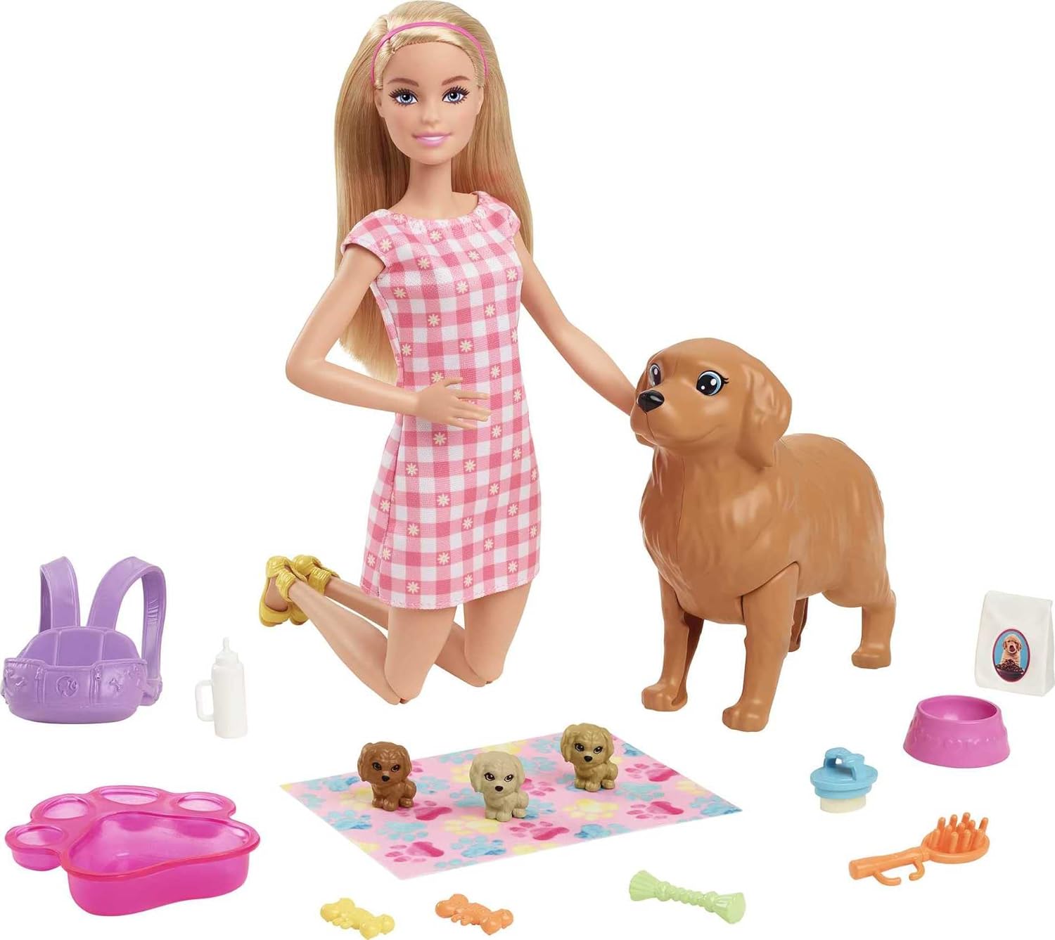 BARBIE MUÑECA Y CACHORROS RECIÉN NACIDOS MAMÁ PERRO CON FUNCIÓN DE PARTO,3 CACHORROS YACCESORIOS DE NUTRICIÓN,PARA NIÑOS DE 3 A 7 - 1