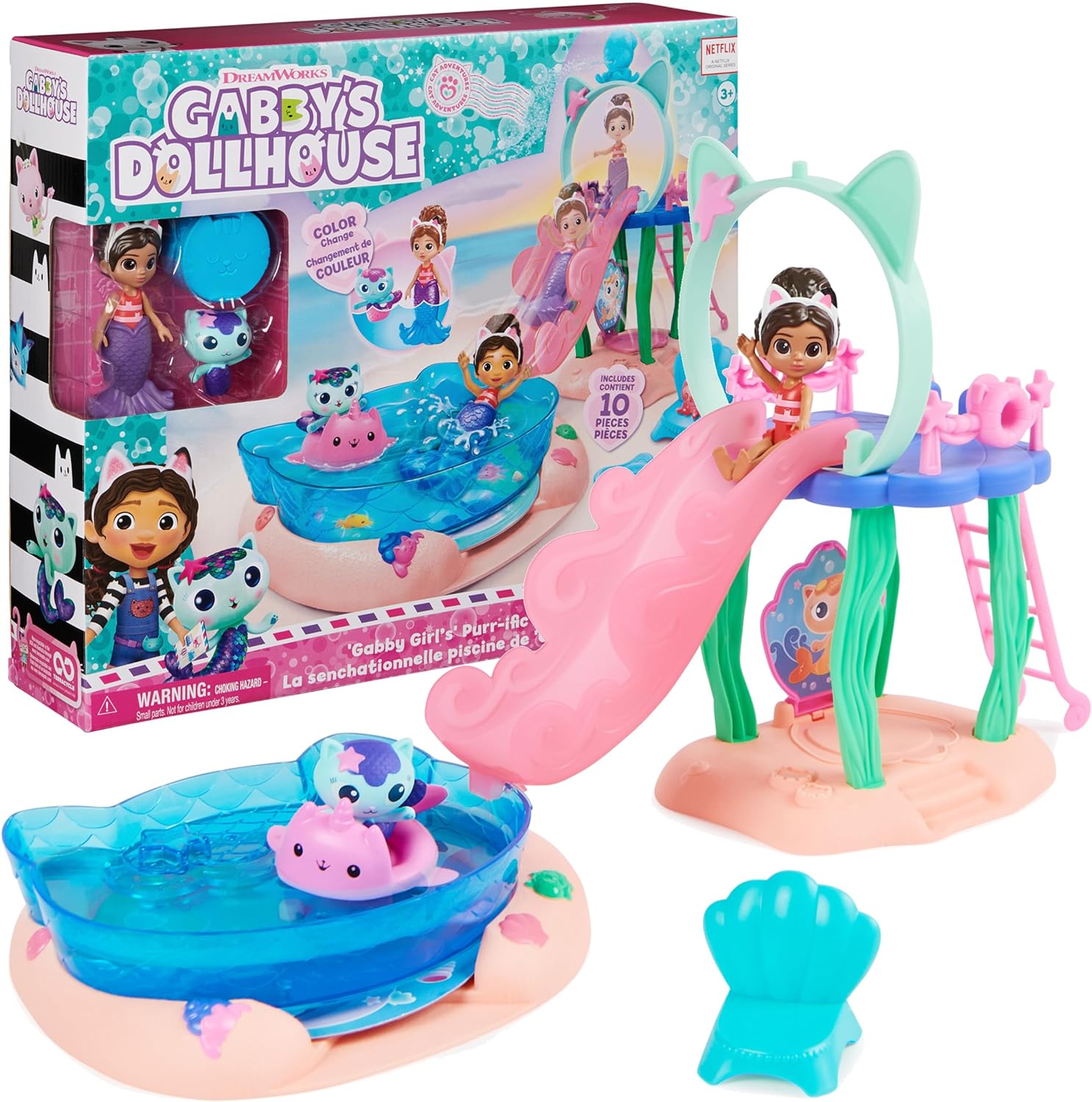 GABBY'S DOLLHOUSE, PURR-IFIC POOL JUEGO DE PISCINA DE GABBY Y MERCAT,COLAS DE SIRENA QUE CAMBIAN DE COLOR Y ACCESORIOS DE PISCINA - 1