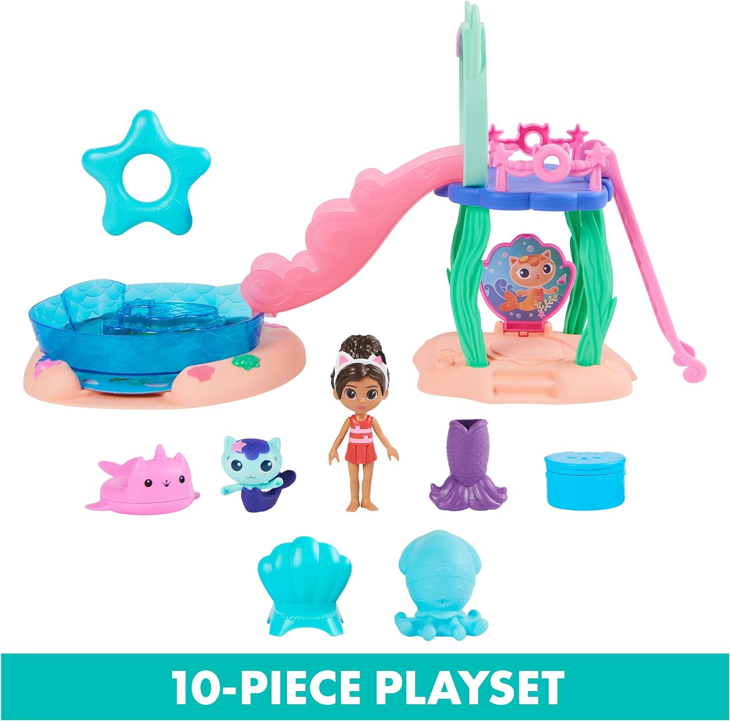GABBY'S DOLLHOUSE, PURR-IFIC POOL JUEGO DE PISCINA DE GABBY Y MERCAT,COLAS DE SIRENA QUE CAMBIAN DE COLOR Y ACCESORIOS DE PISCINA - 3