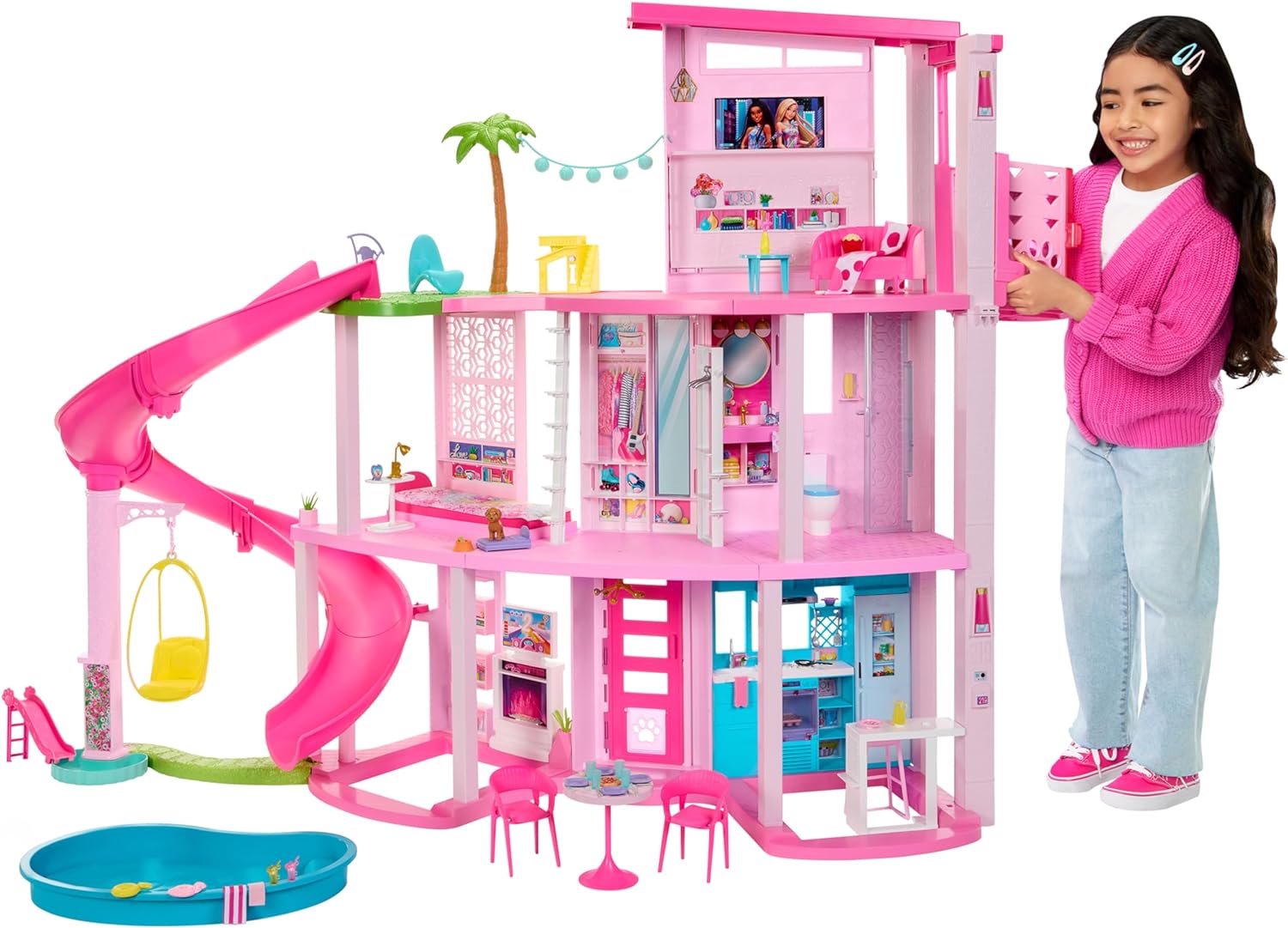 BARBIE DREAMHOUSE 2023,CASA DE MUÑECA PARA FIESTA EN LA PISCINA CON + DE 75 PIEZA Y TOBOGÁN,ELEVADOR DE MASCOTAS Y ÁREAS DE JUEGO - 1
